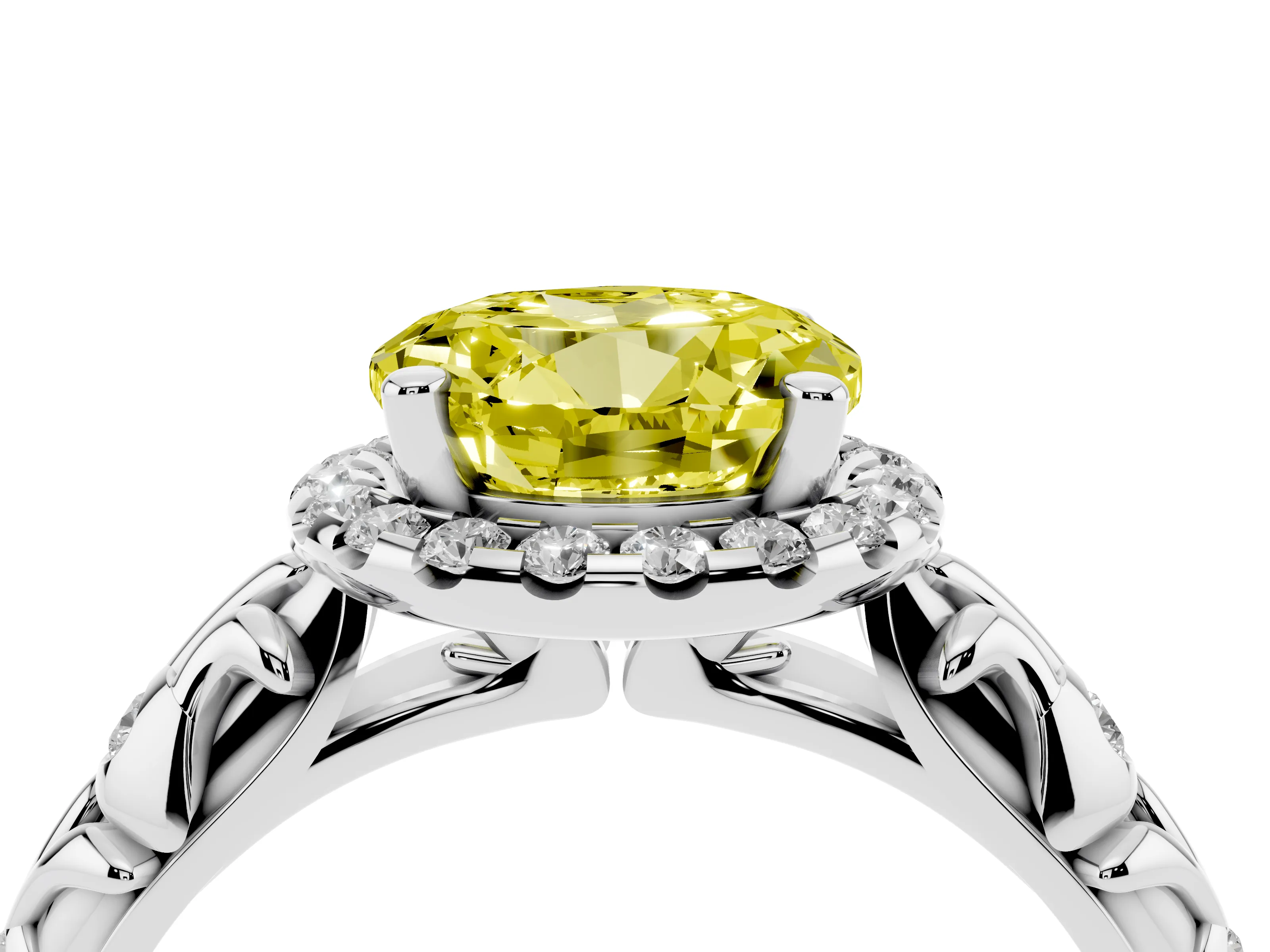 Fancy Yellow Round Cut Diamond Halo Ring Set in Platinum with Filigree Leaf Band and Prong Setting