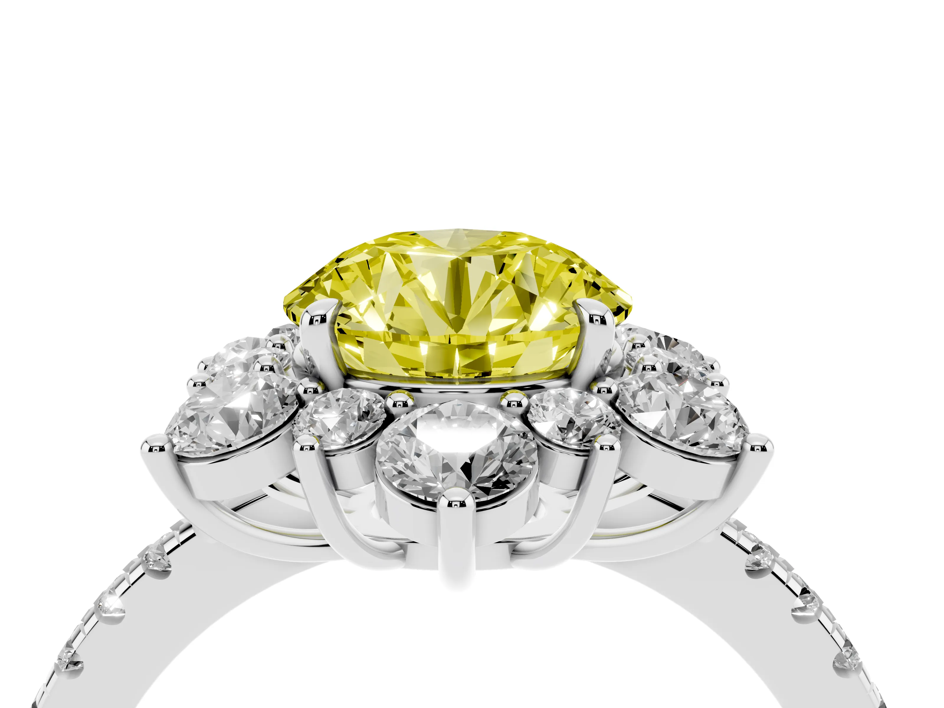 Fancy Yellow Round Cut Diamond Floral Halo Ring Set in Platinum with Round Pavé Band and Prong Setting