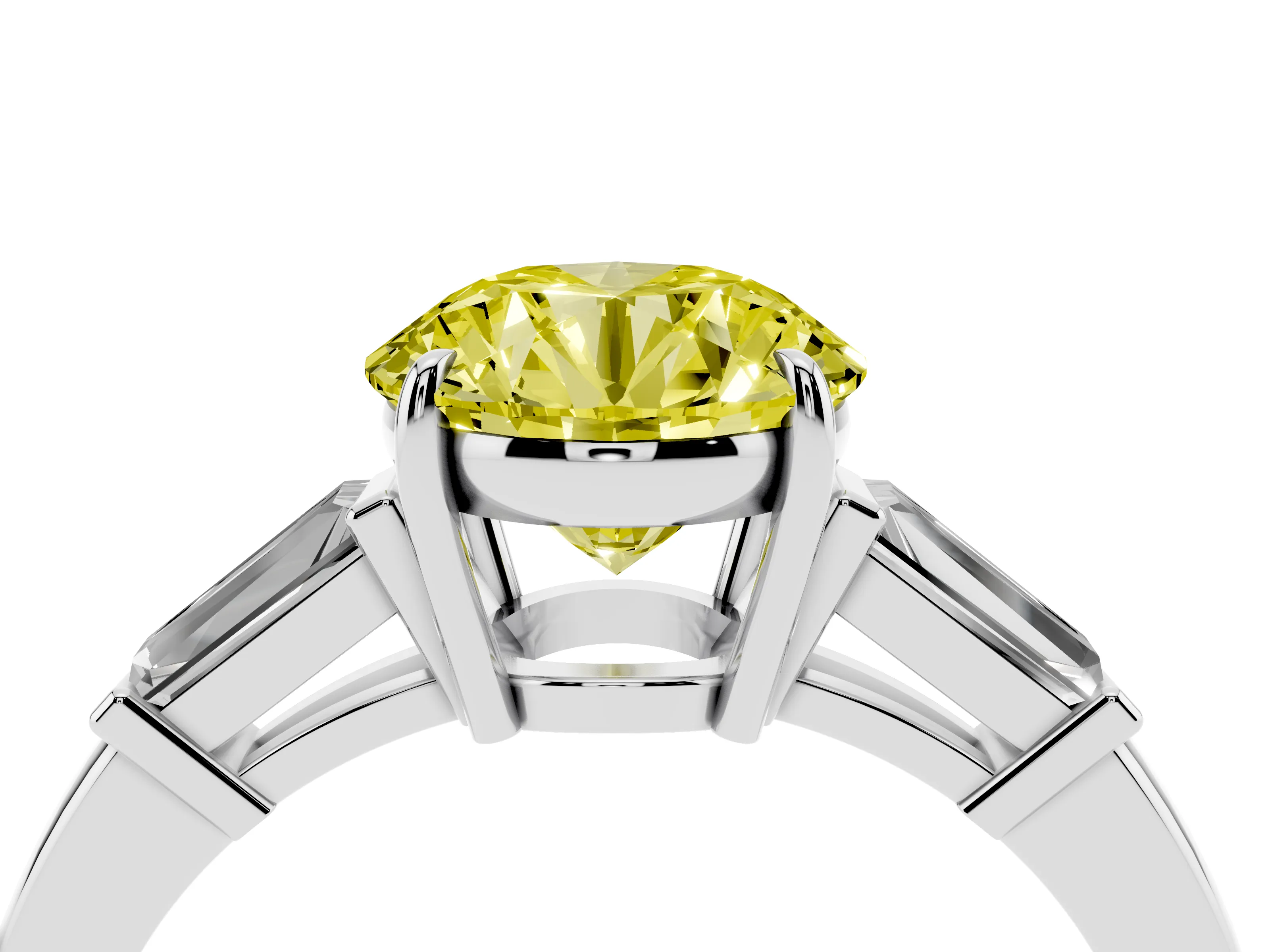 Fancy Yellow Round Cut Diamond Three-Stone Ring Set in White gold with Tapered Baguette Side Stones and Prong Setting