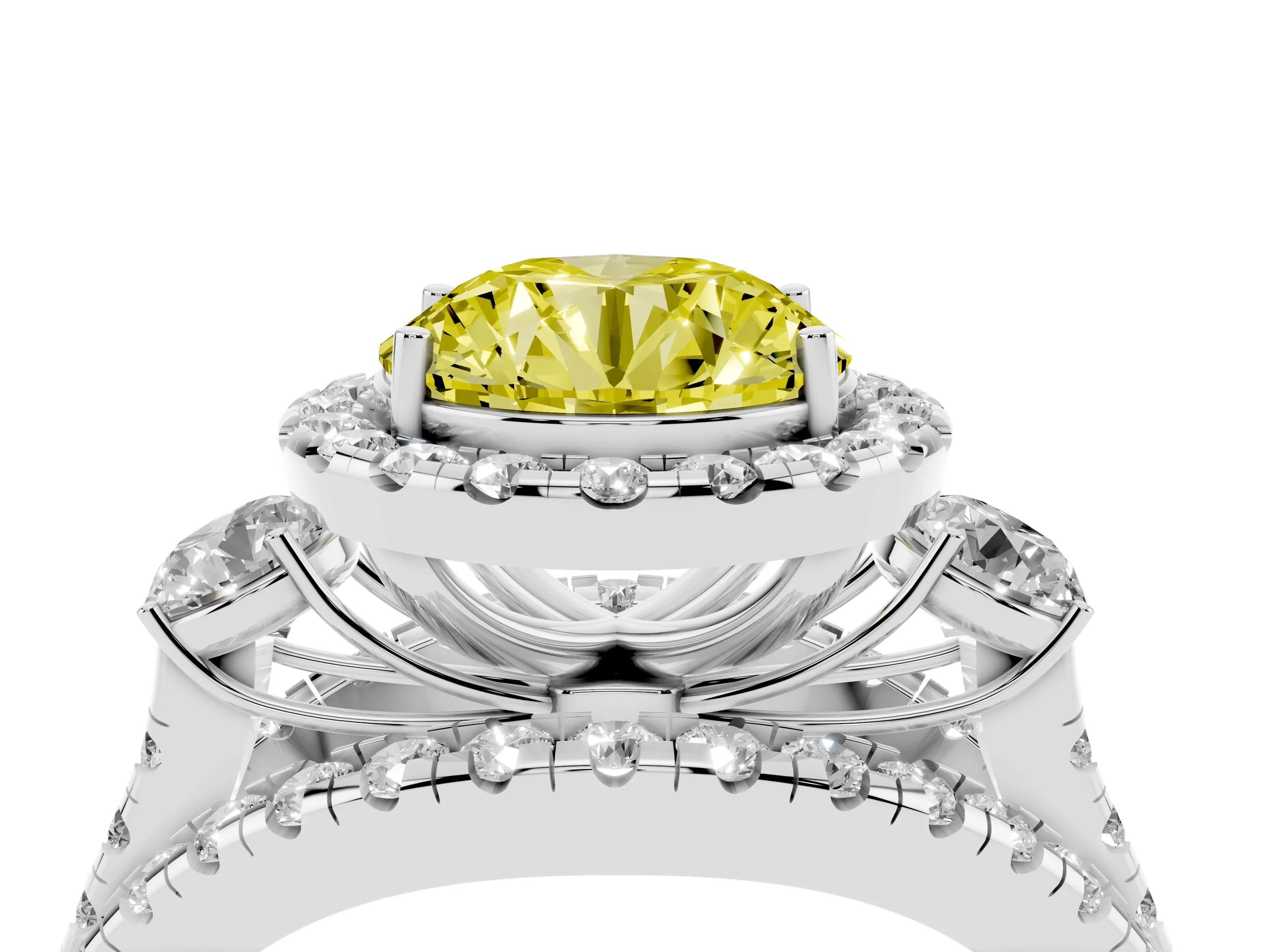 Fancy Yellow Round Cut Diamond Halo Split Shank Ring Set in White gold with Round Accent Stones and Prong Setting