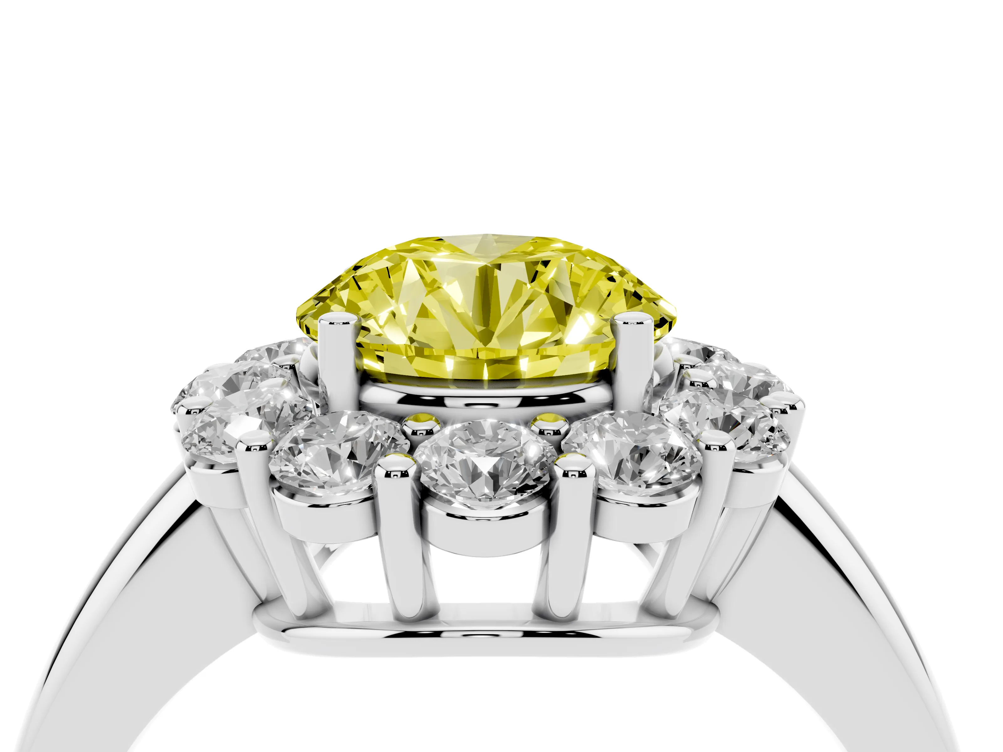 Fancy Yellow Round Cut Diamond Halo Cluster Engagement Ring Set in White gold with Polished Band and Prong Setting