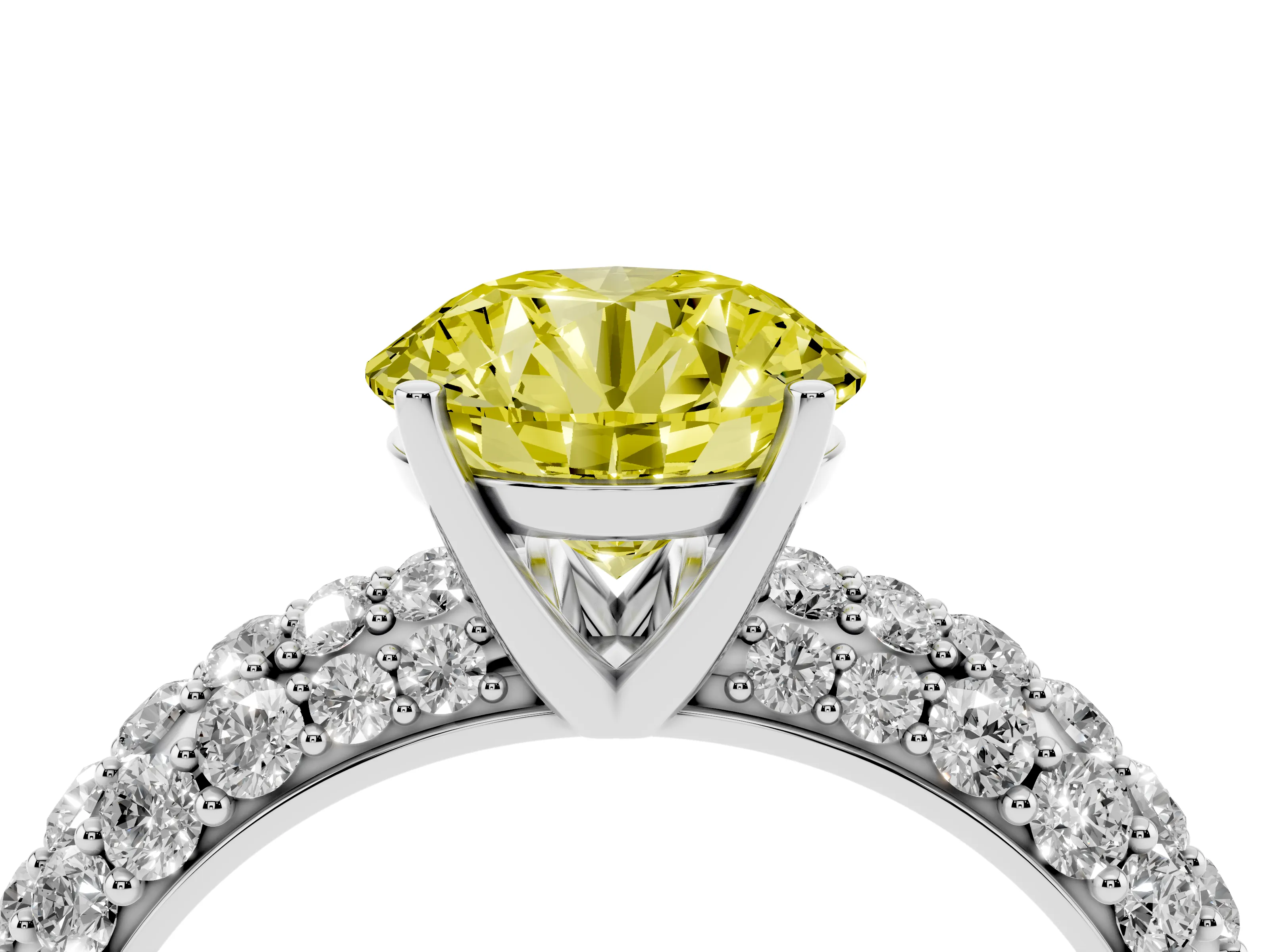 Fancy Yellow Round Cut Diamond Pavé Band Solitaire Ring Set in Silver with Close-Set Accent Stones and Prong Setting
