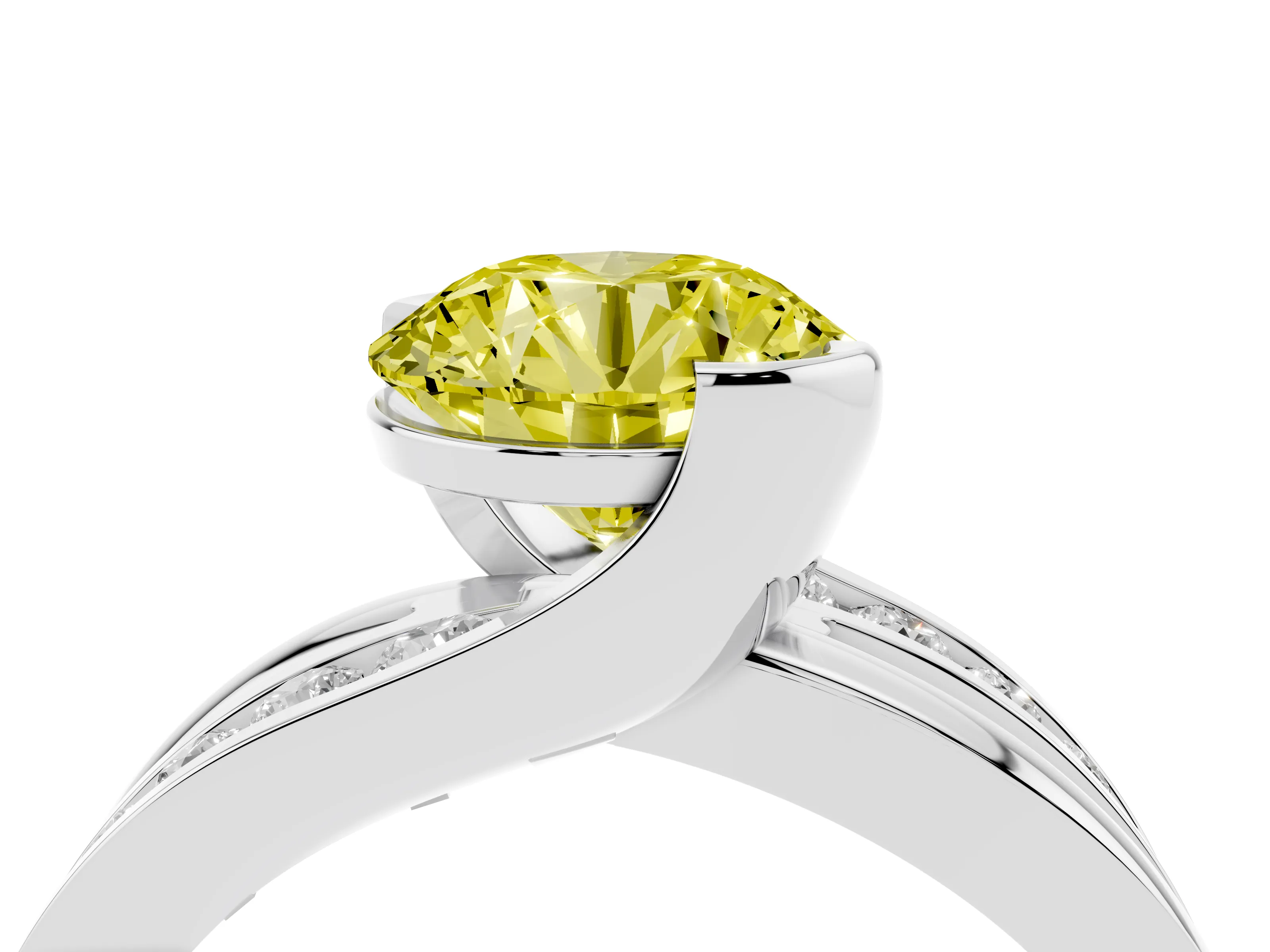 Fancy Yellow Round Cut Diamond Solitaire Ring Set in Silver with Channel Set Split Shank and Tension Prongs