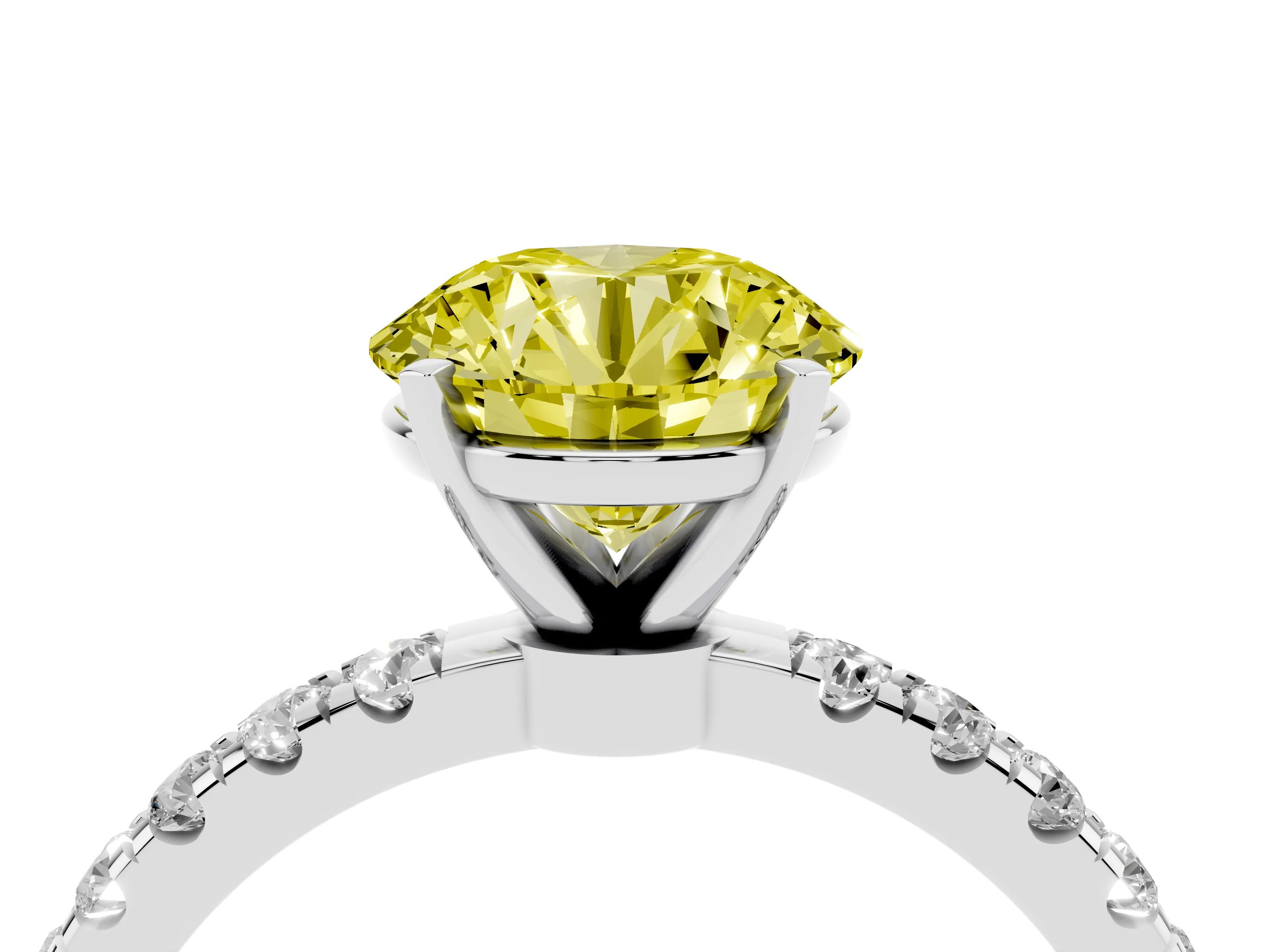 Fancy Yellow Round Cut Diamond Solitaire Ring Set in Silver with Pavé Accents and Prong Setting