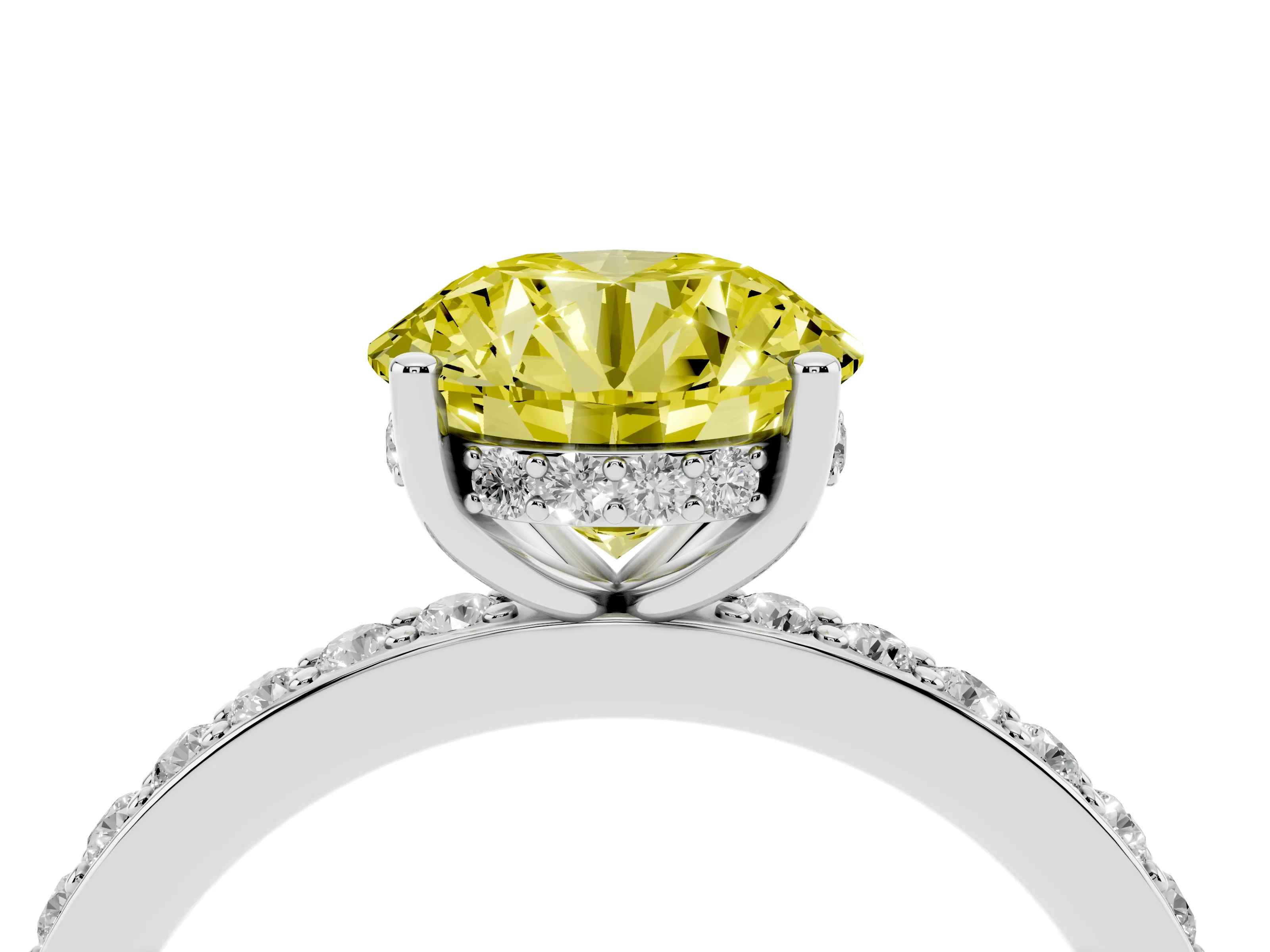 Fancy Yellow Round Cut Diamond Pavé Band Ring Set in Silver with Prong-Set Center Stone