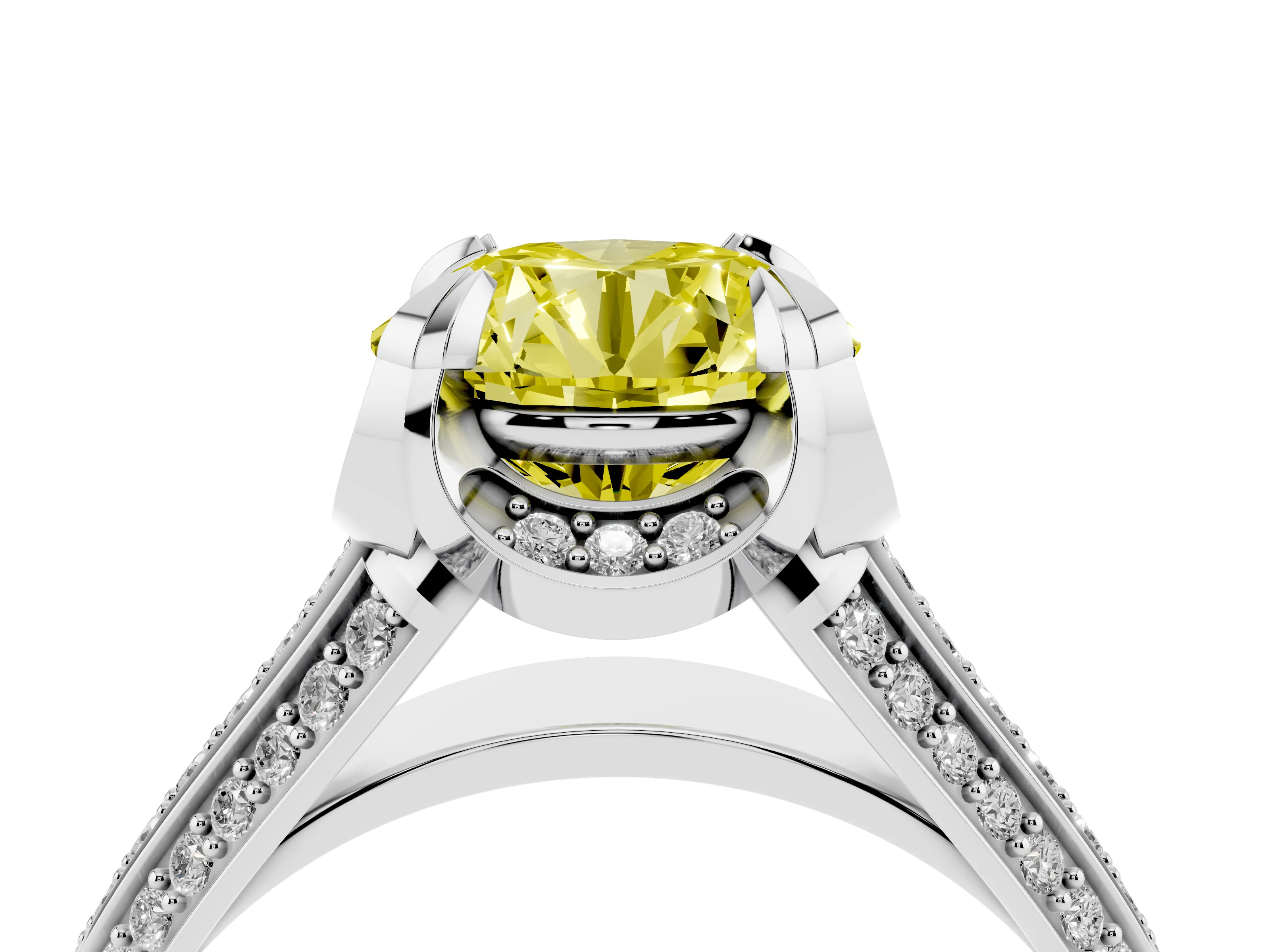 Fancy Yellow Round Cut Diamond Pavé Split Shank Solitaire Ring Set in Platinum with Prong Setting