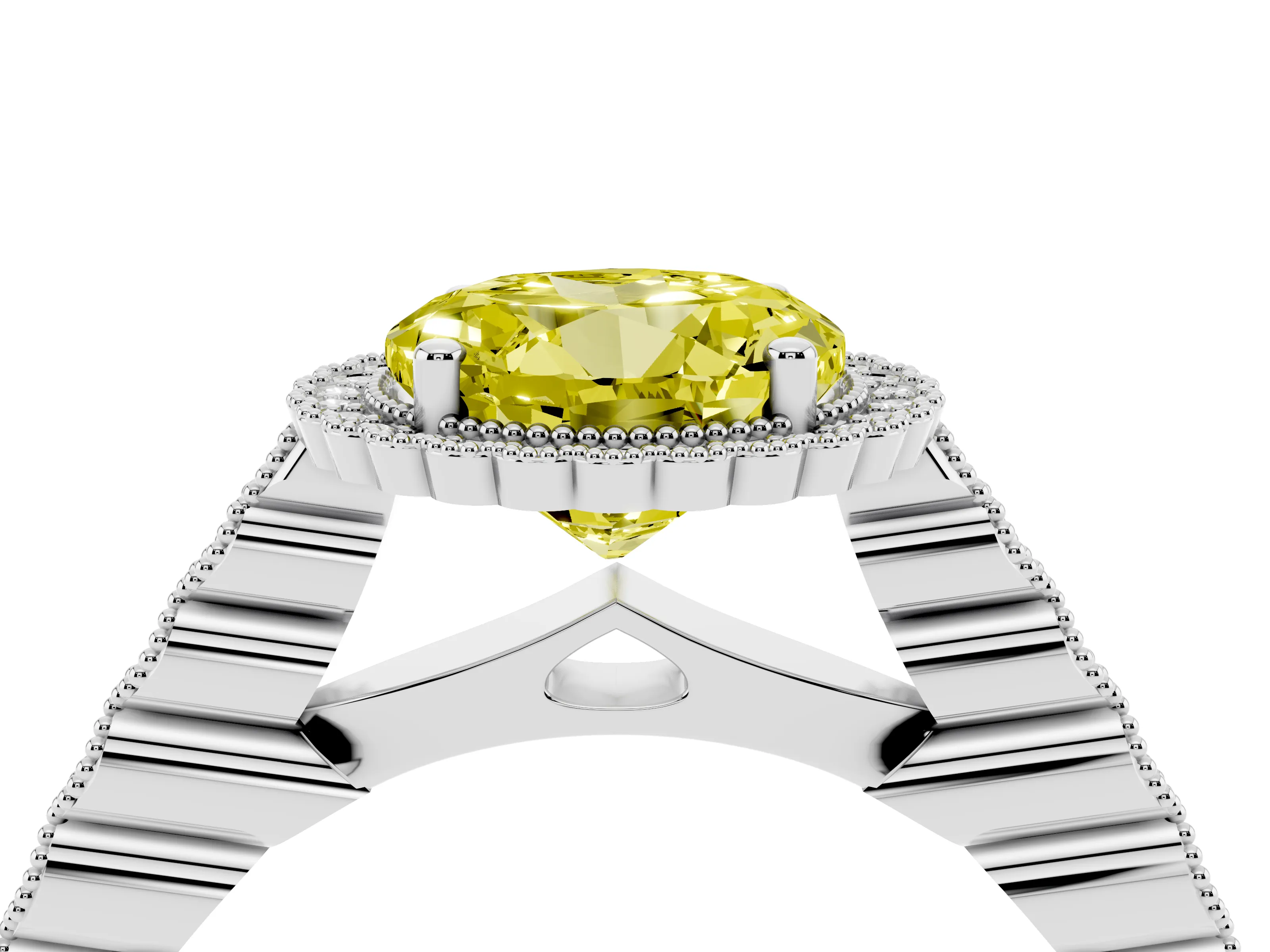 Fancy Yellow Round Cut Diamond Halo Ring Set in Platinum with Pavé Milgrain Band