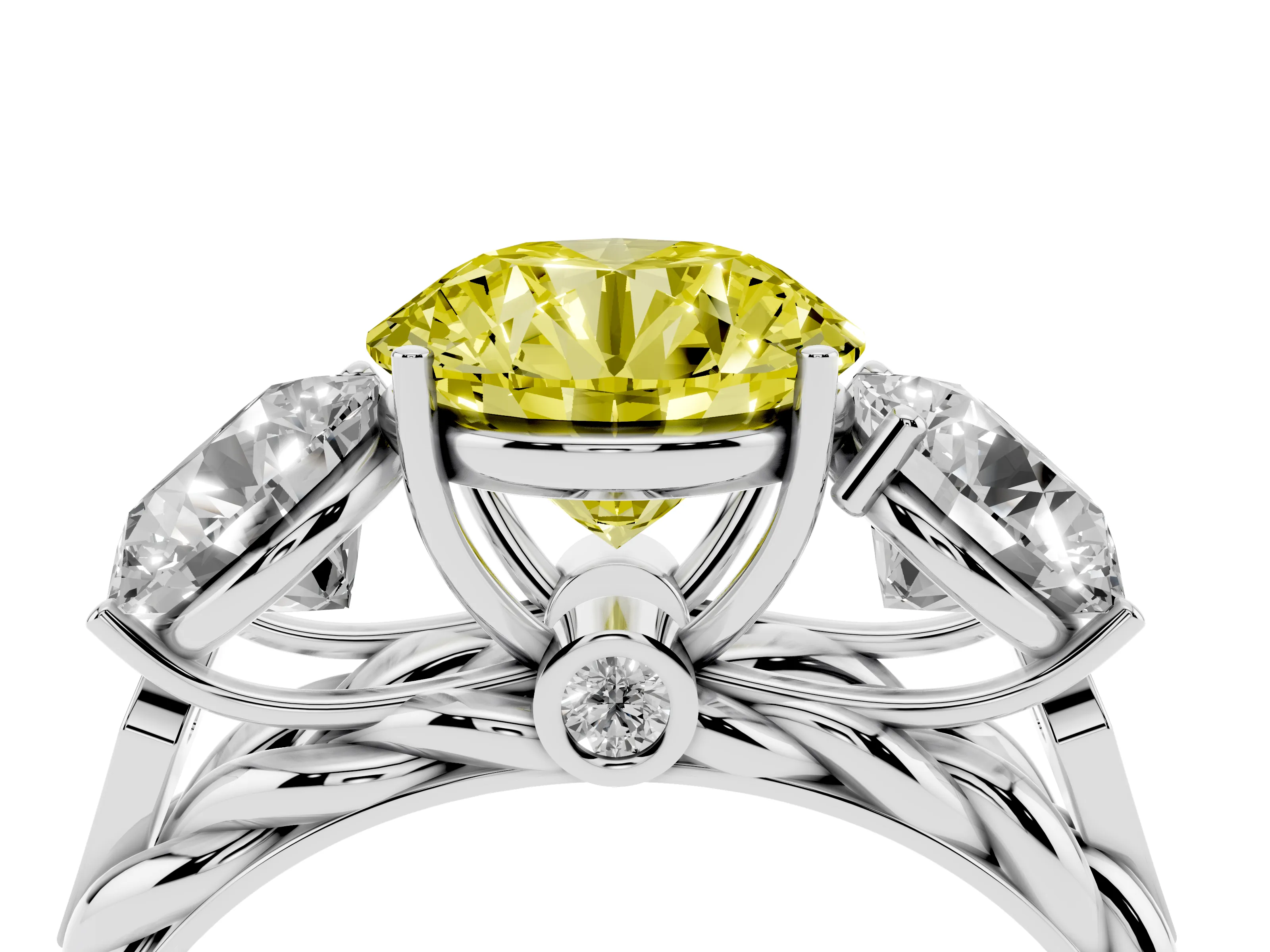 Fancy Yellow Round Cut Diamond Three-Stone Ring Set in Silver with Braided Band