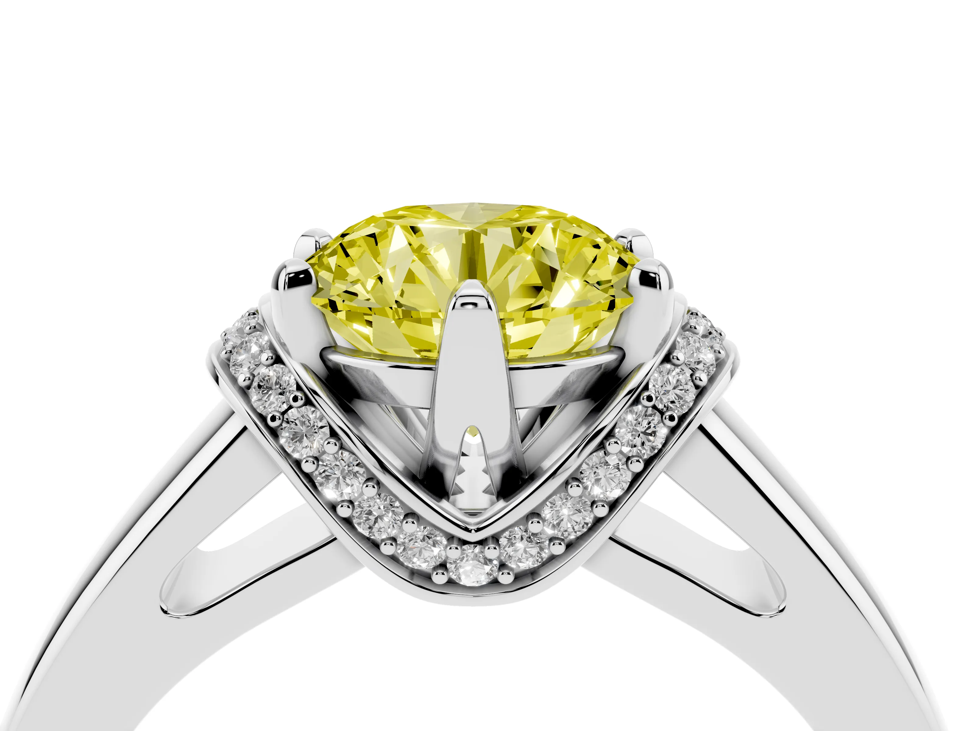 Fancy Yellow Round Cut Diamond Pavé Band Solitaire Ring Set in Silver with Prong Setting