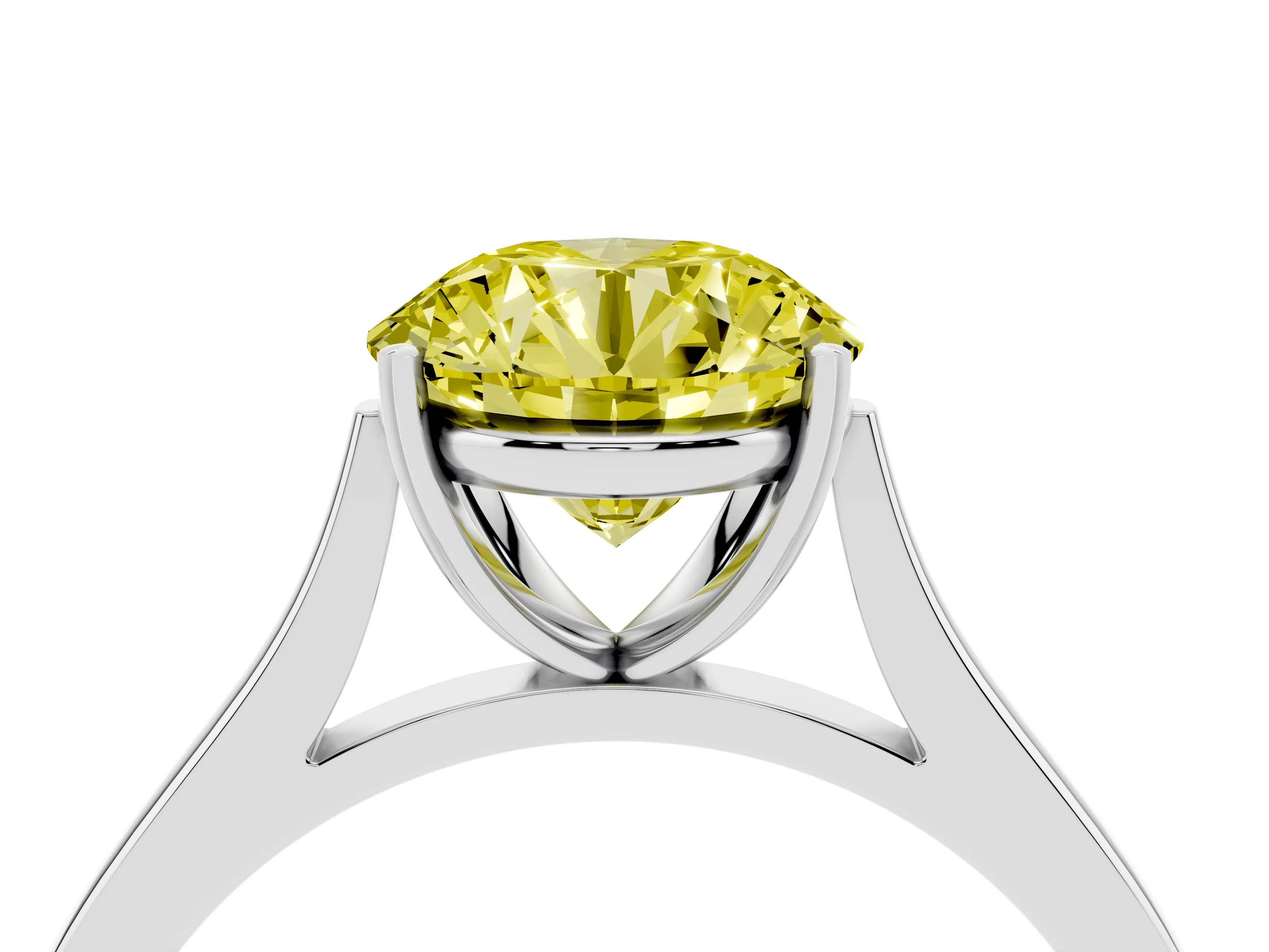Fancy Yellow Round Cut Diamond Solitaire Heart Prong Engagement Ring Set in Platinum with Tapered Band