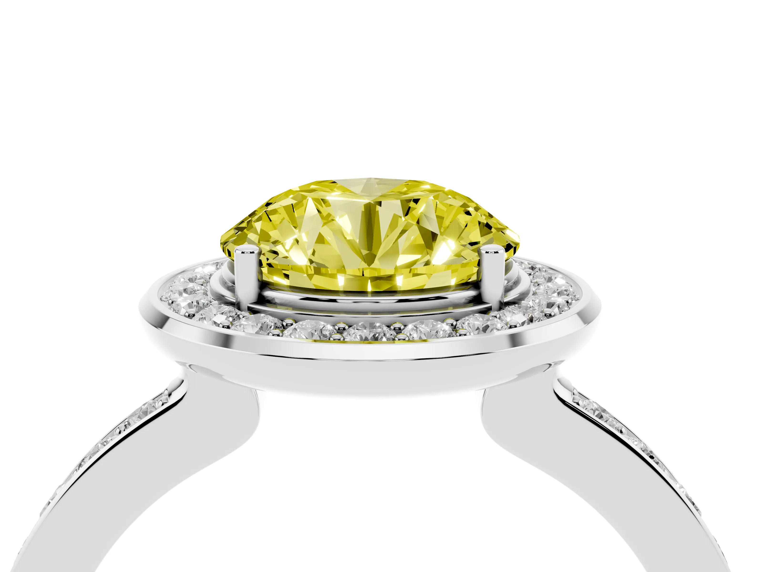 Fancy Yellow Round Cut Diamond Halo Ring Set in Silver with Bezel Frame and Pavé Band