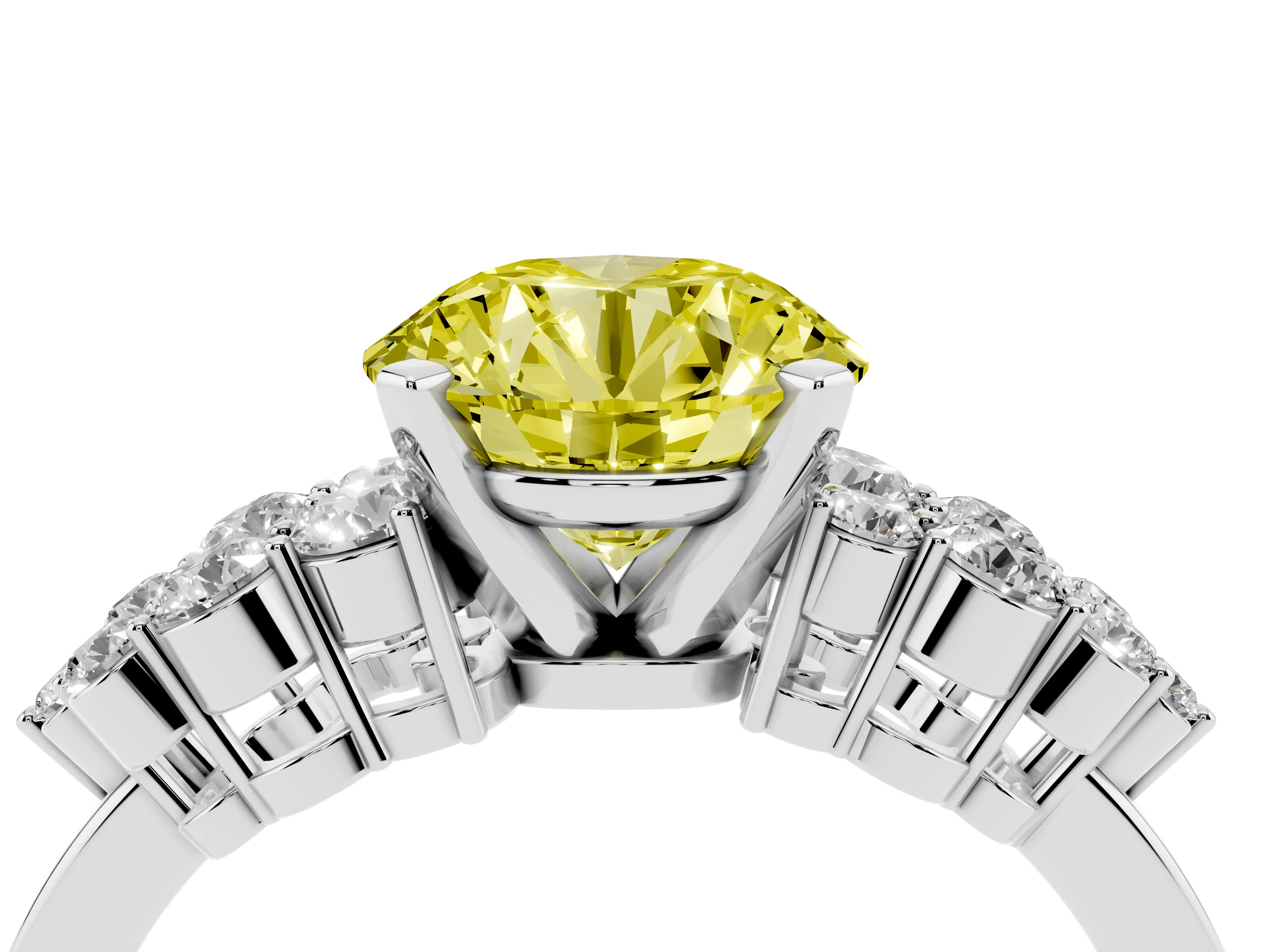 Fancy Yellow Round Cut Diamond Cluster Engagement Ring Set in Silver with Pavé Band and Prong Setting