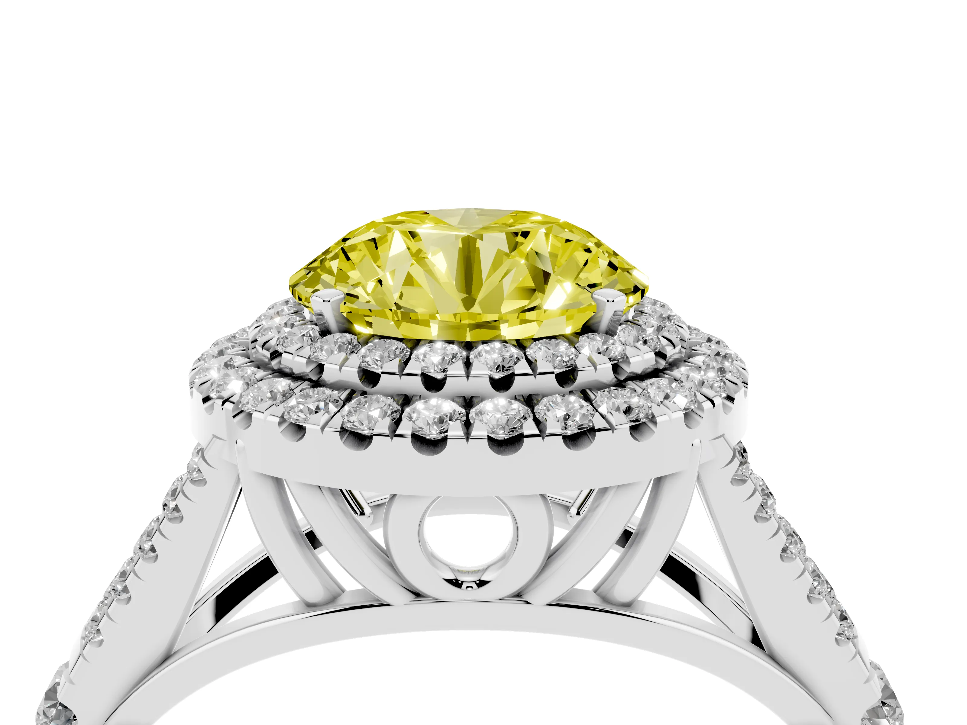 Fancy Yellow Round Cut Diamond Pavé Split Shank Double Halo Engagement Ring Set in Silver