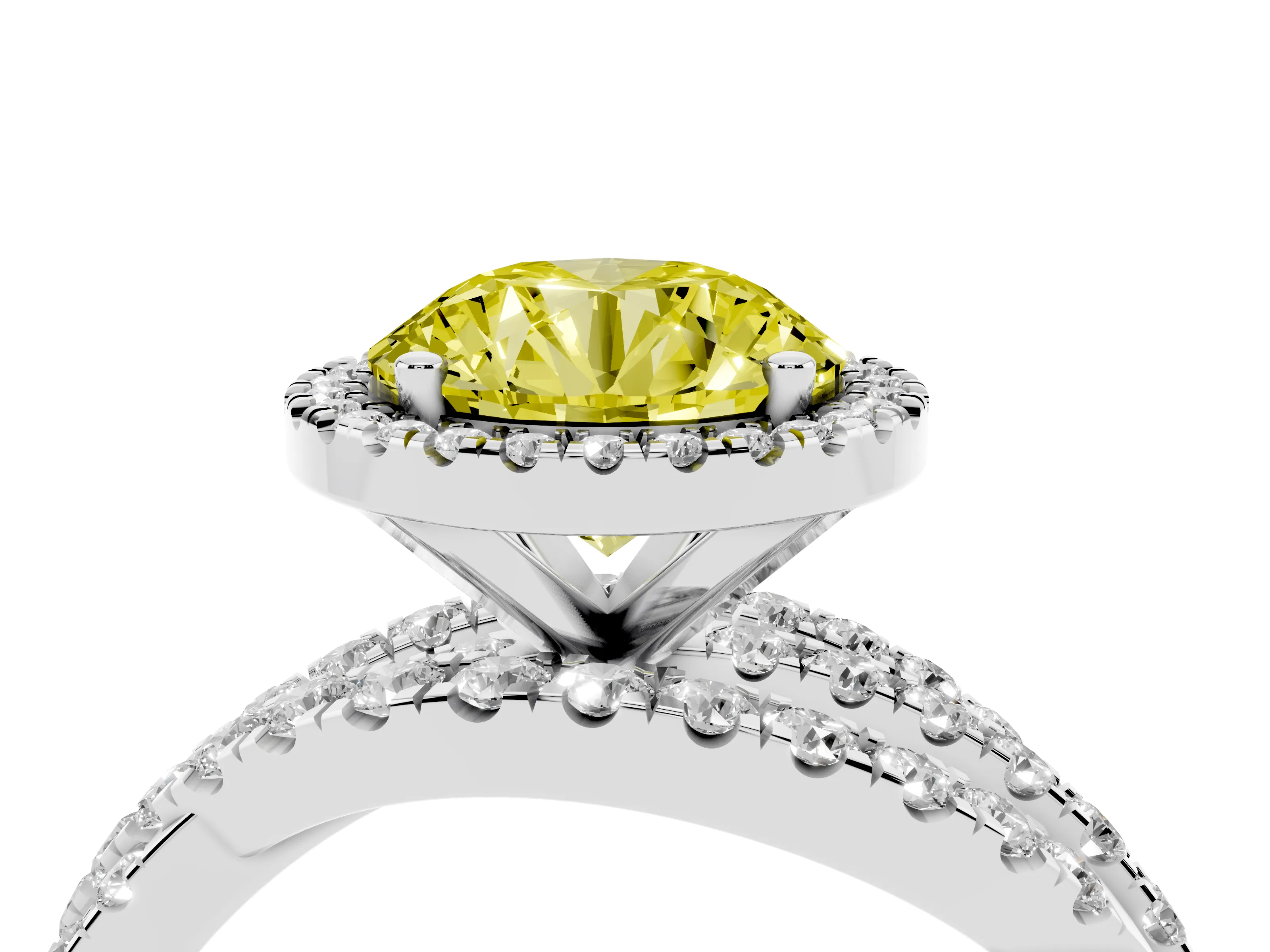 Fancy Yellow Round Cut Diamond Halo Ring Set in Platinum with Round Crossover Split Shank and Prong Setting