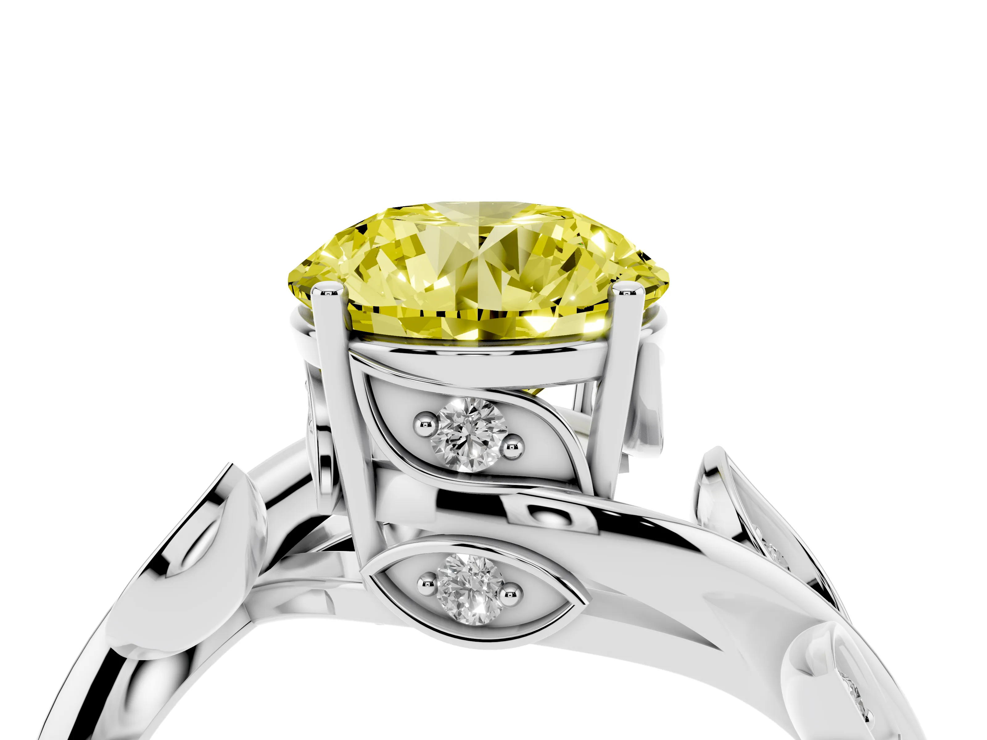 Fancy Yellow Round Cut Diamond Solitaire Twist Engagement Ring Set in Platinum with Pavé Leaf Accents