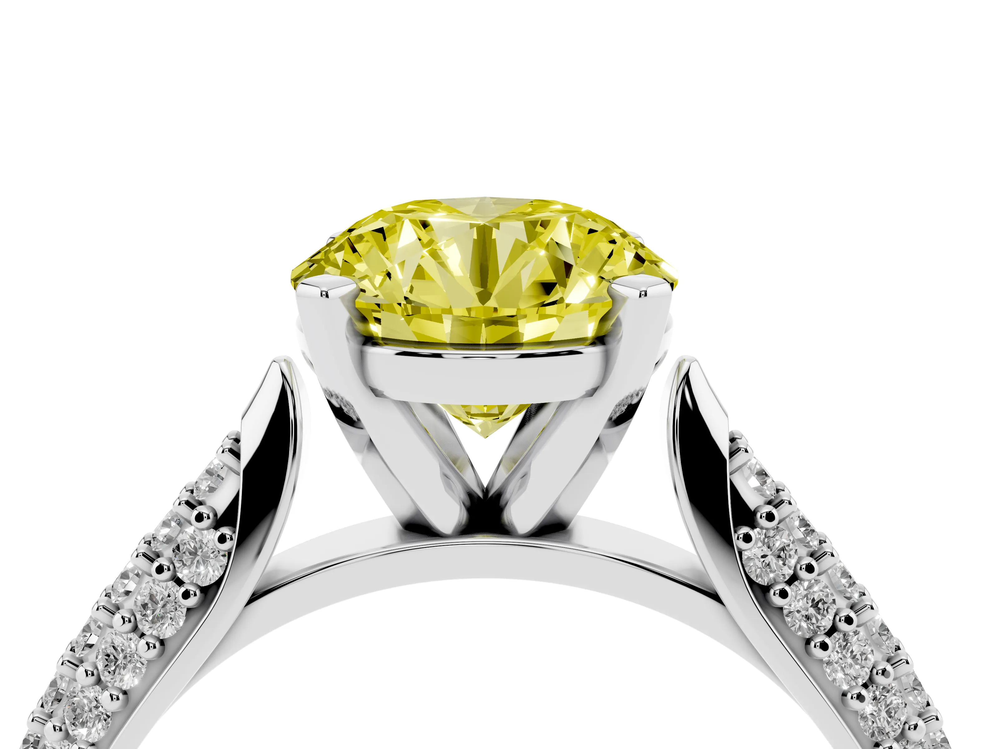 Fancy Yellow Round Cut Diamond Solitaire Engagement Ring Set in Platinum with Multi-Row Round Pavé Band and Prong Setting
