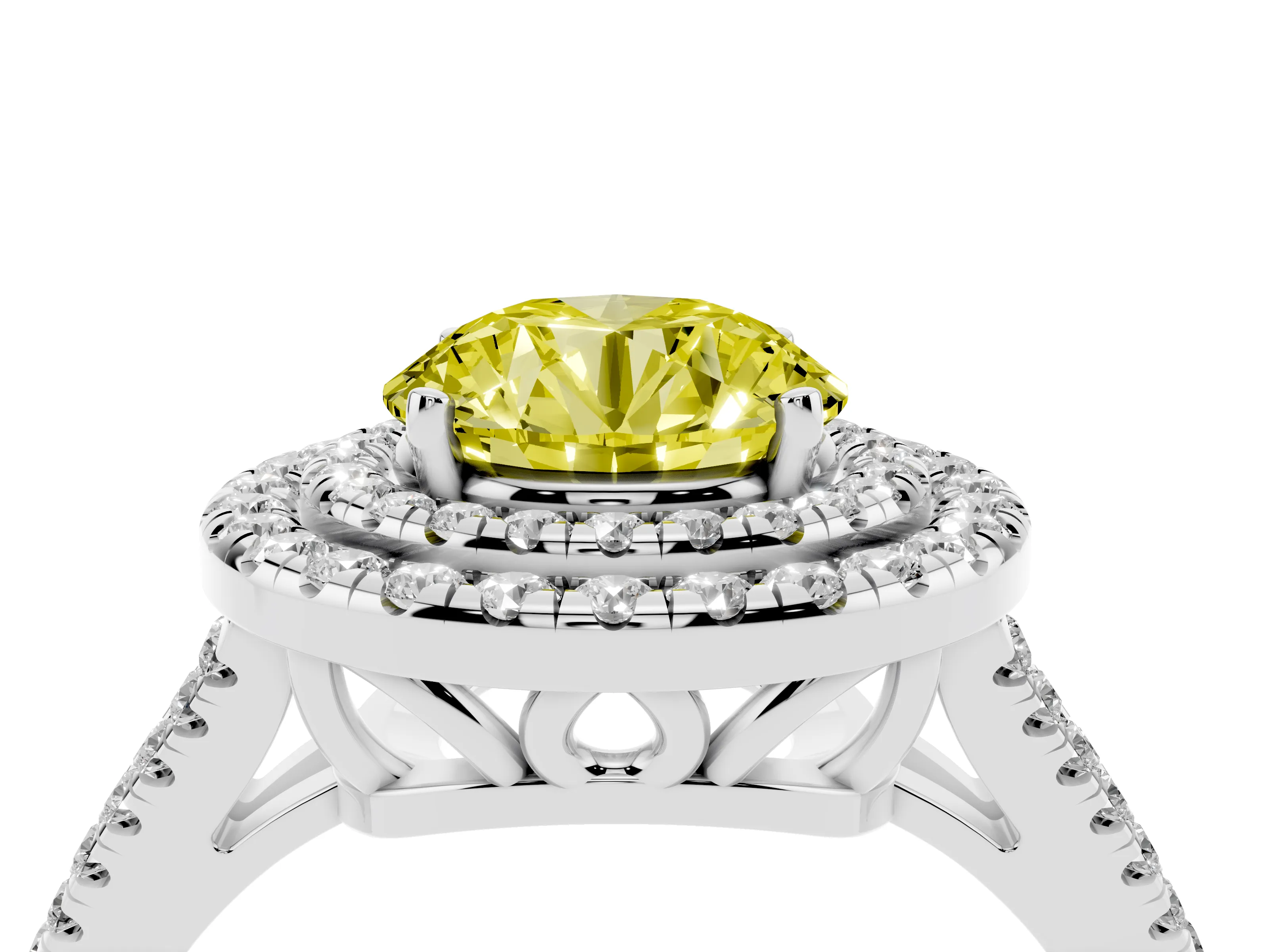Fancy Yellow Round Cut Diamond Double Halo Ring Set in White gold with Pavé Band