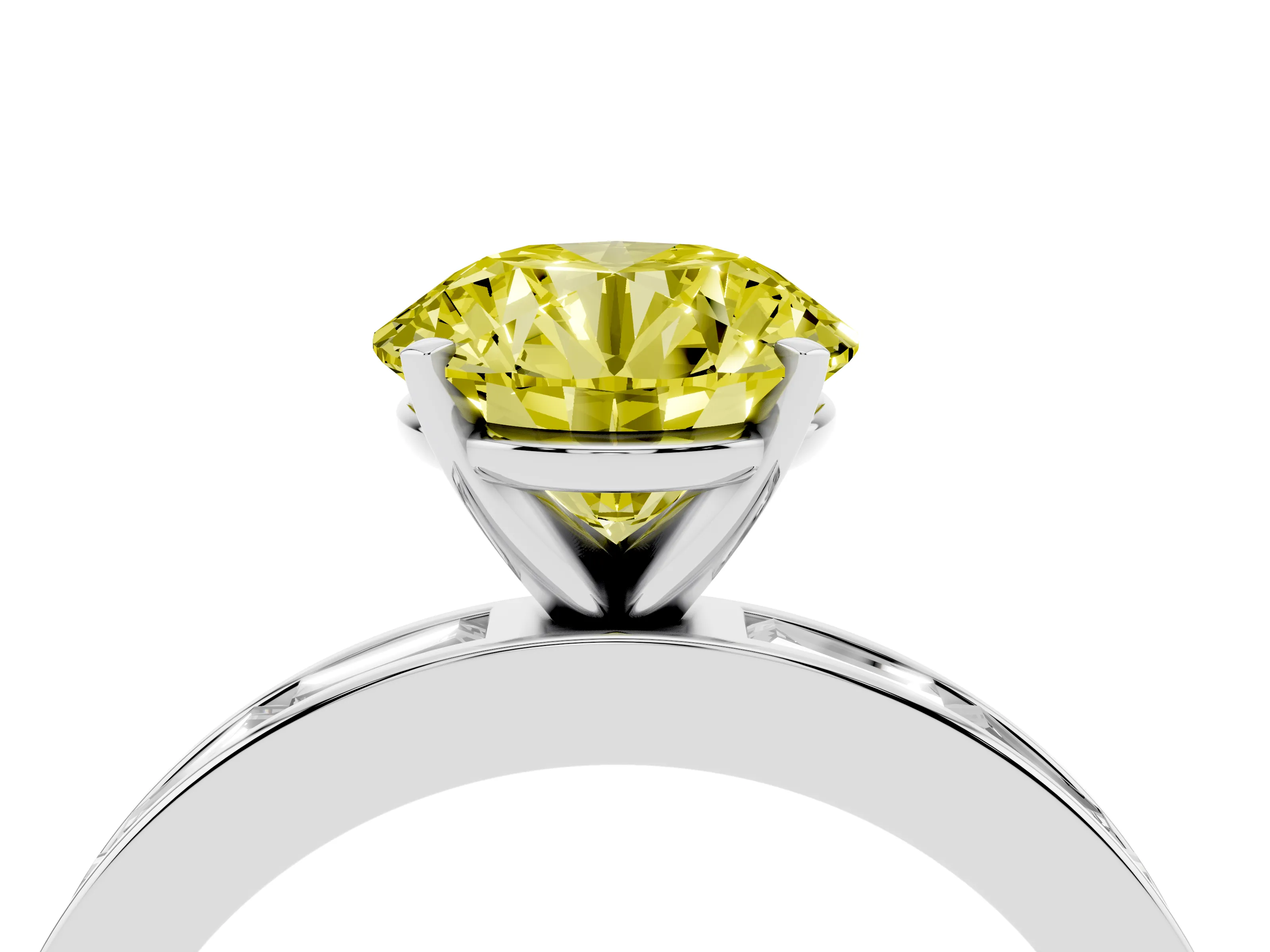 Fancy Yellow Round Cut Diamond Solitaire Ring Set in Platinum with Channel-Set Baguette Band and Prong Setting