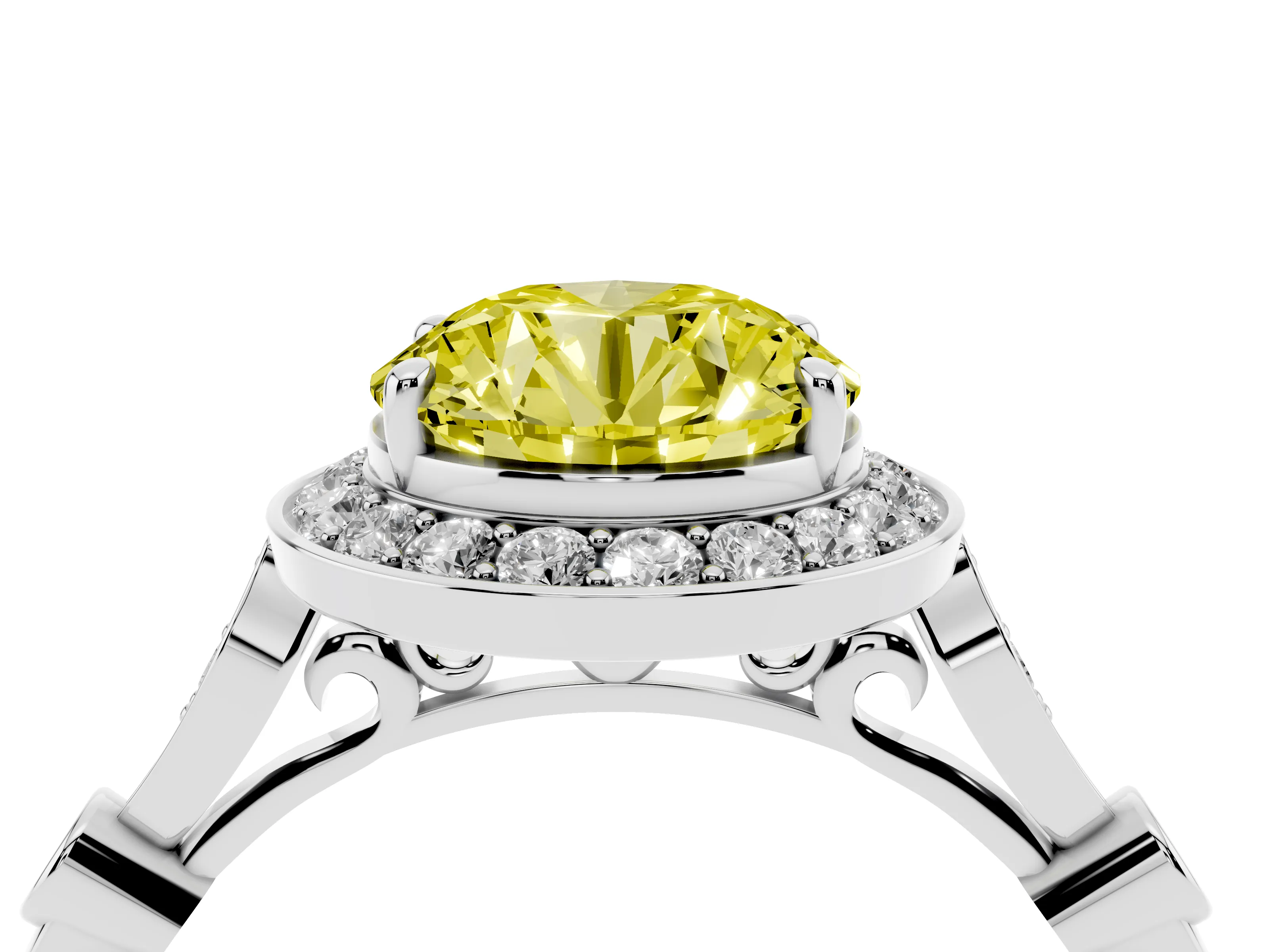 Fancy Yellow Round Cut Diamond Halo Engagement Ring Set in Platinum with Twisted Band and Prong Setting