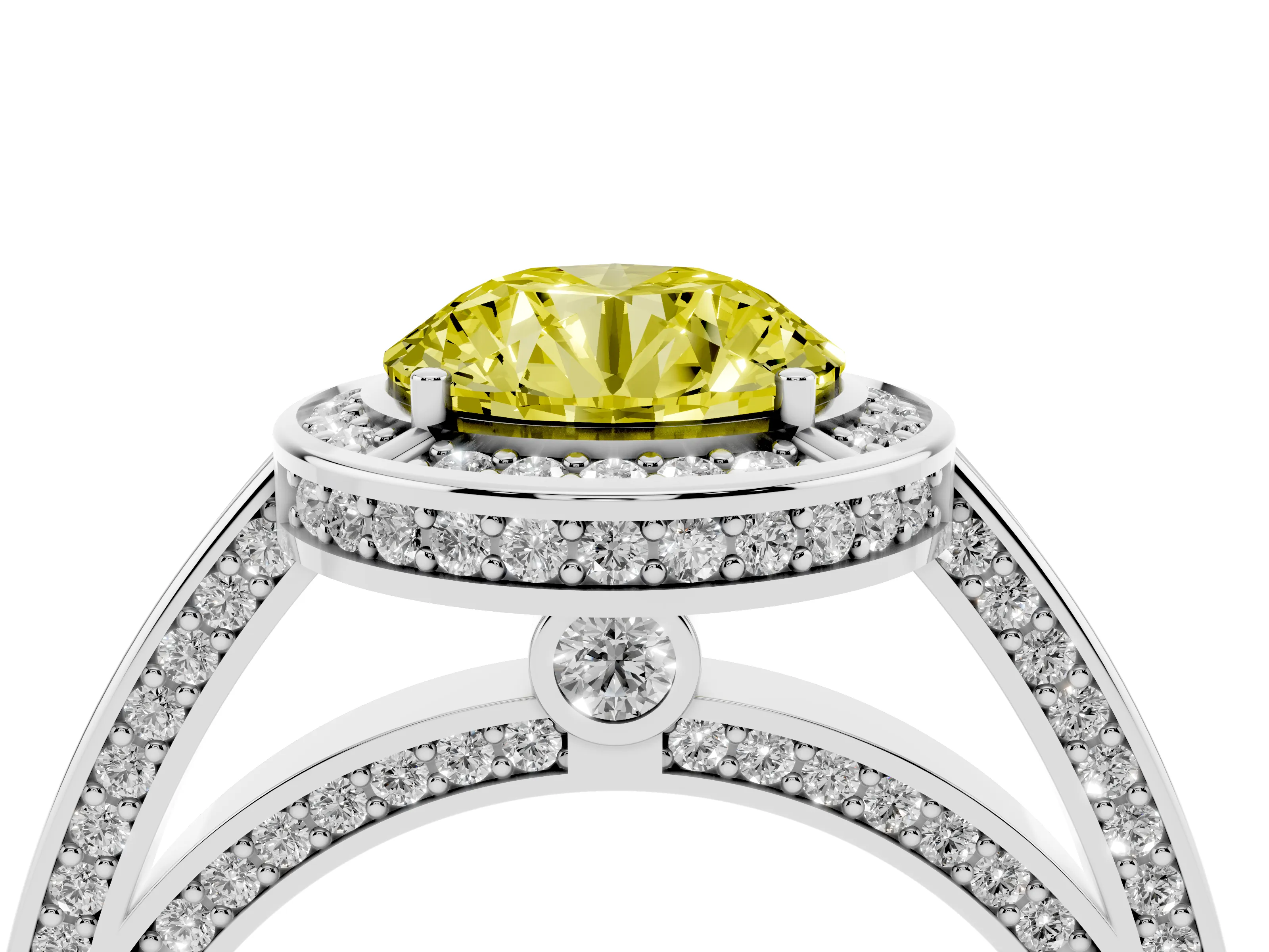Fancy Yellow Round Cut Diamond Halo Pavé Split Shank Ring Set in White gold with Prong Setting
