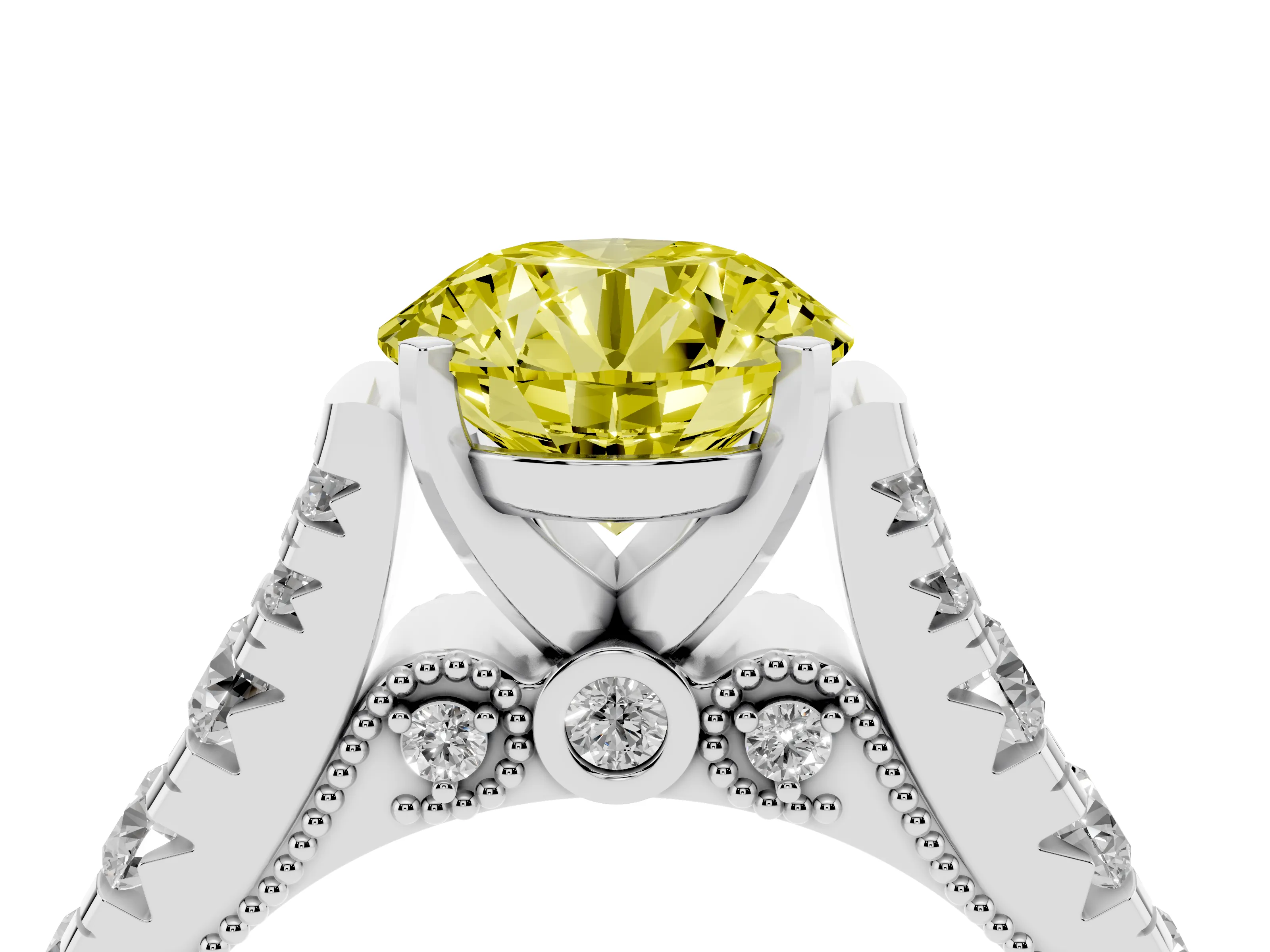 Fancy Yellow Round Cut Diamond Classic Solitaire Ring Set in Platinum with Pavé Band and Prong Setting