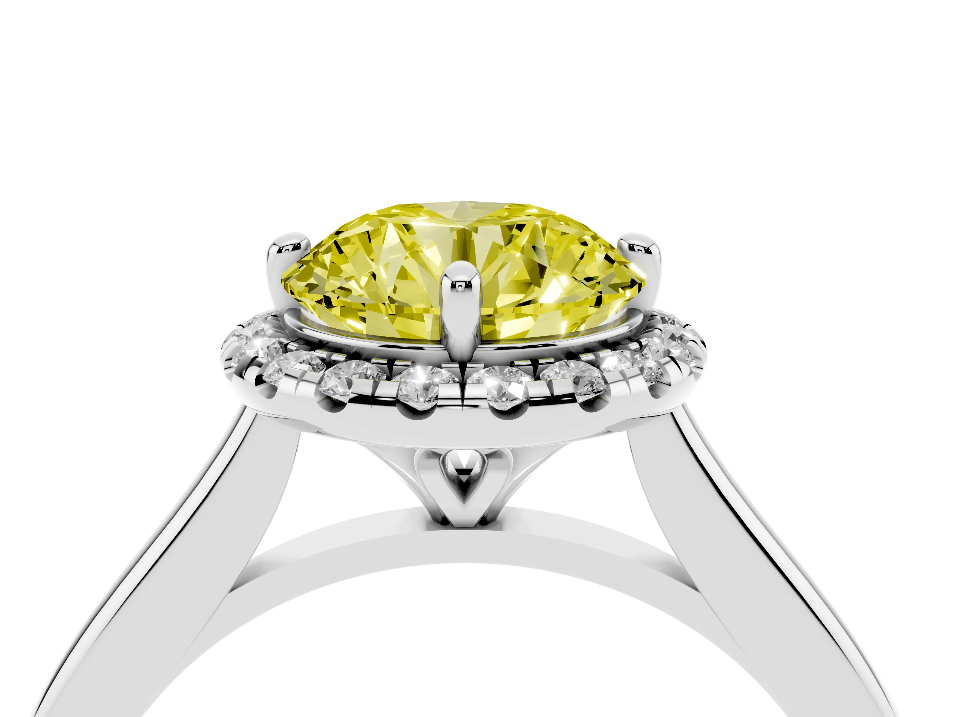 Fancy Yellow Round Cut Diamond Halo Engagement Ring Set in Platinum with Pavé Band and Rising Shoulders