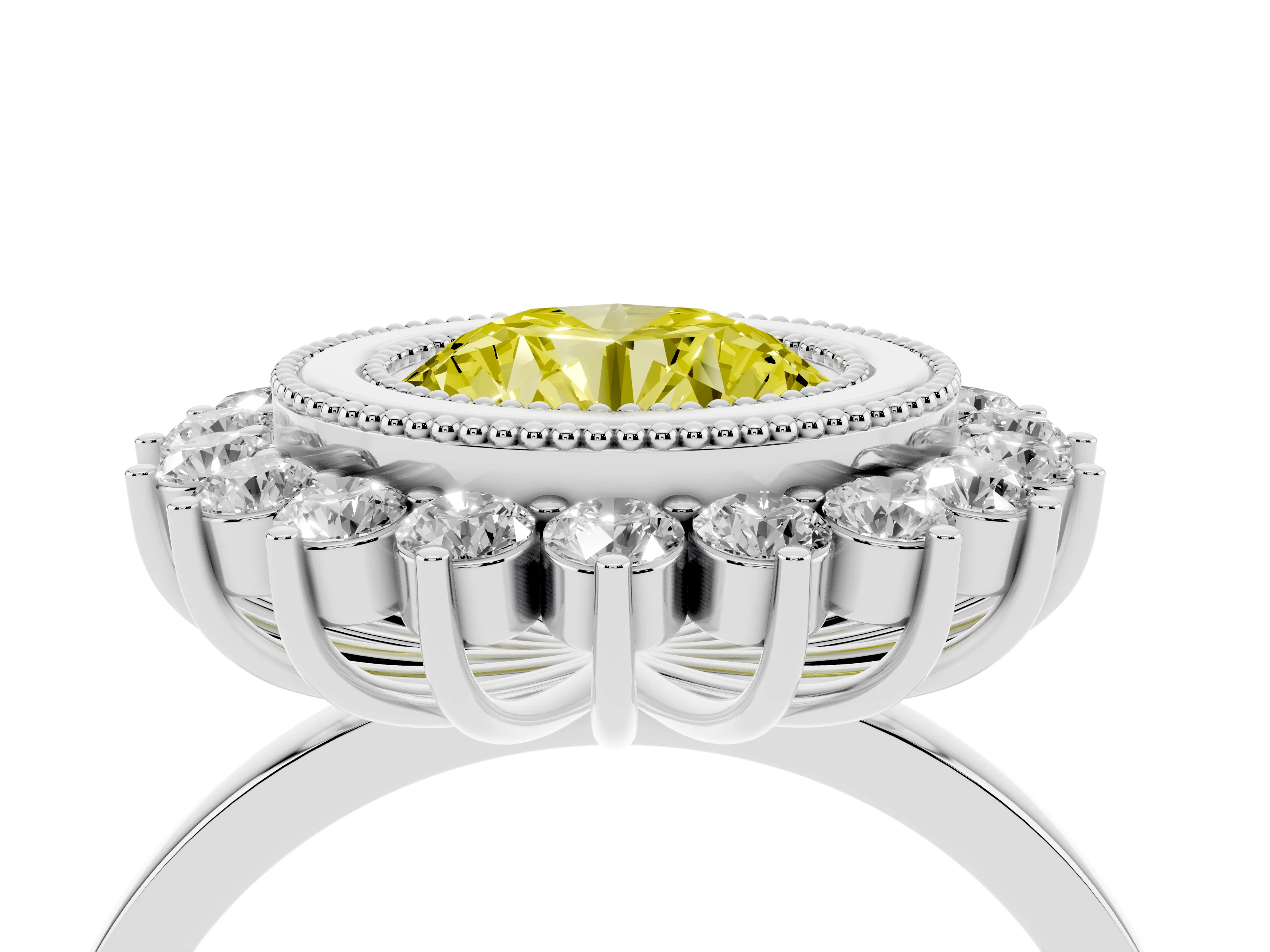 Fancy Yellow Round Cut Diamond Halo Ring Set in Silver with Milgrain Edge and Round Prong Setting