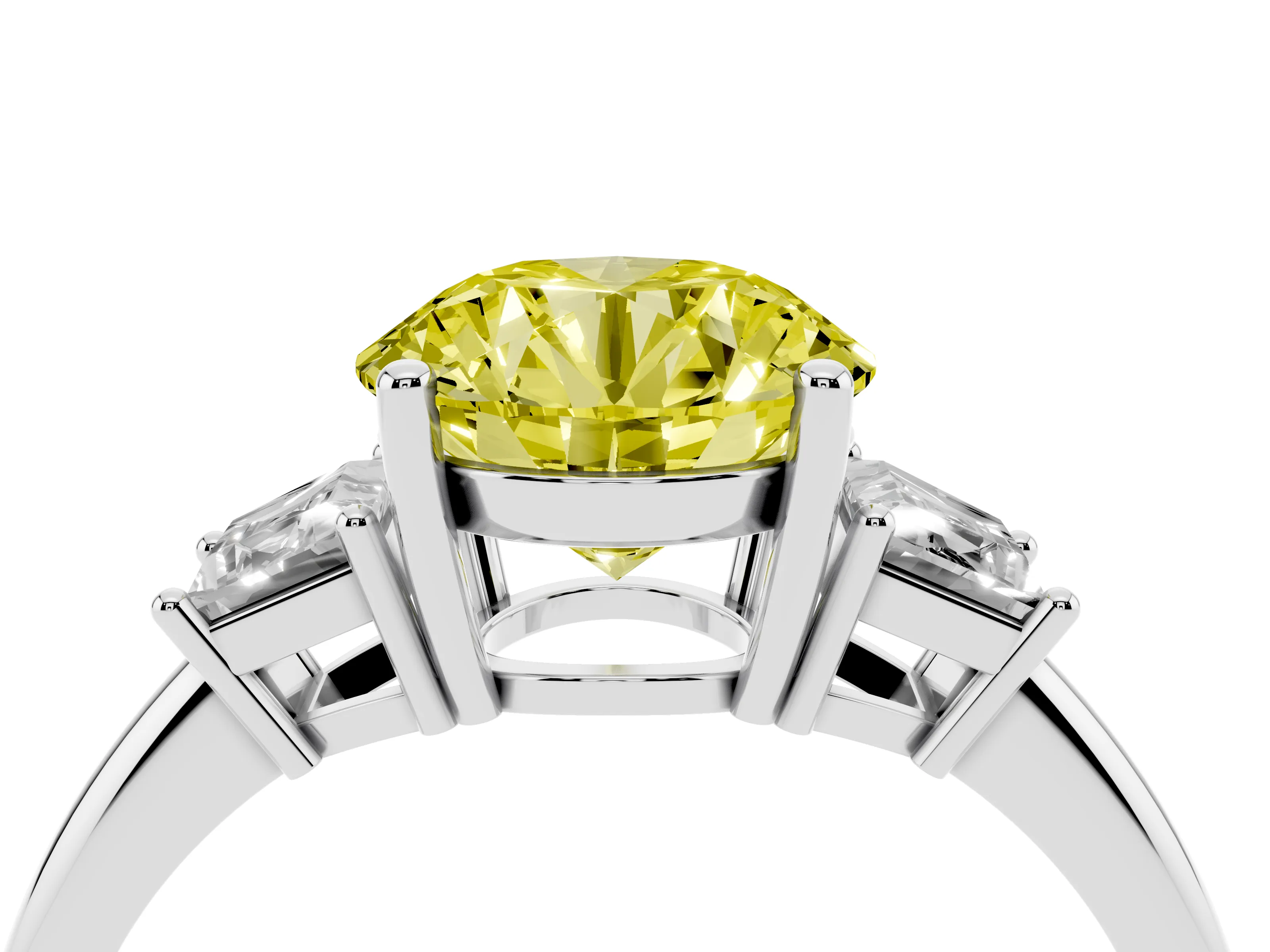 Fancy Yellow Round Cut Diamond Three-Stone Ring Set in White gold with Trapezoid Side Stones and Prong Setting