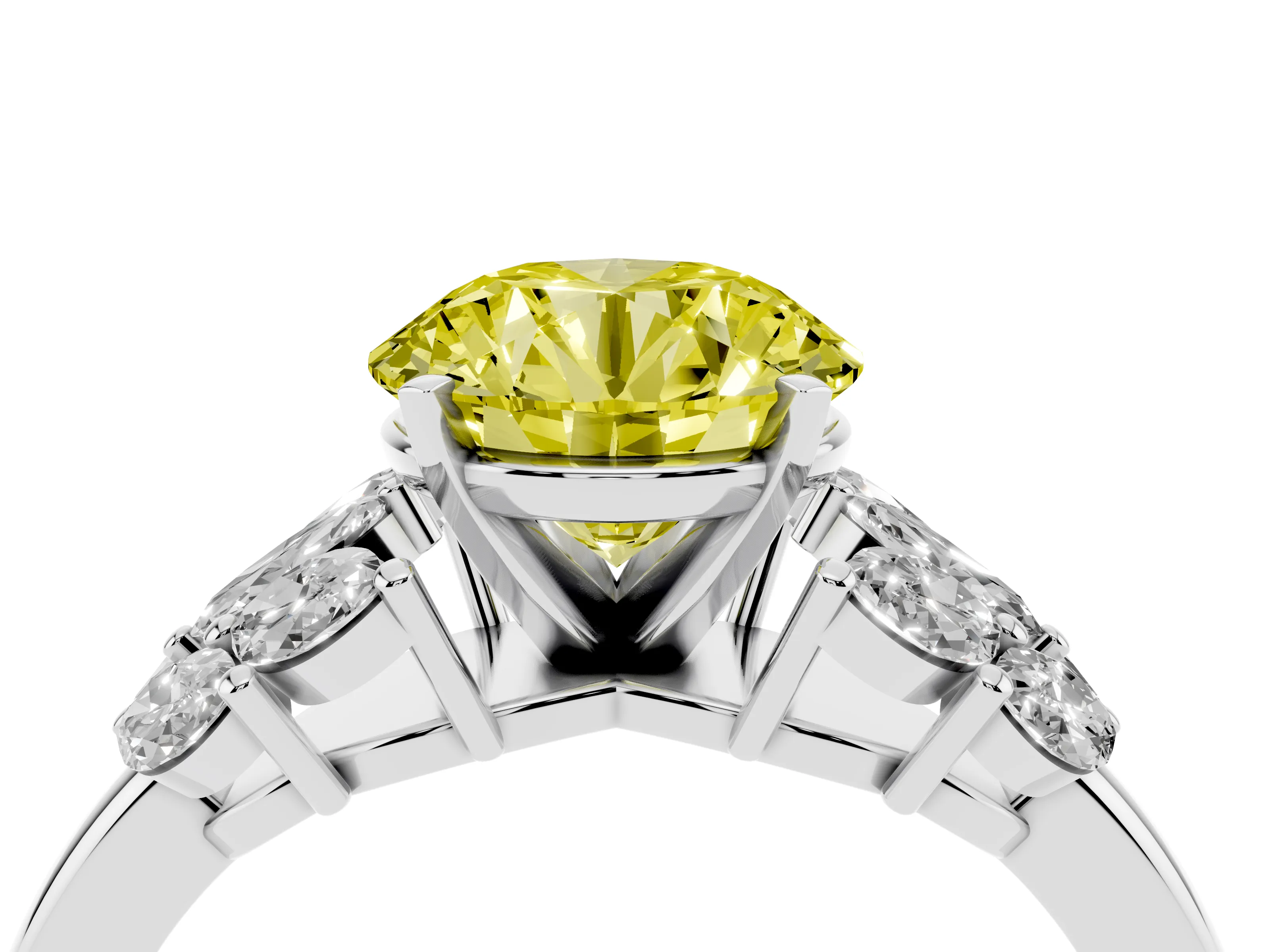Fancy Yellow Round Cut Diamond Cluster Leaf Design Ring Set in Platinum with Prong Setting