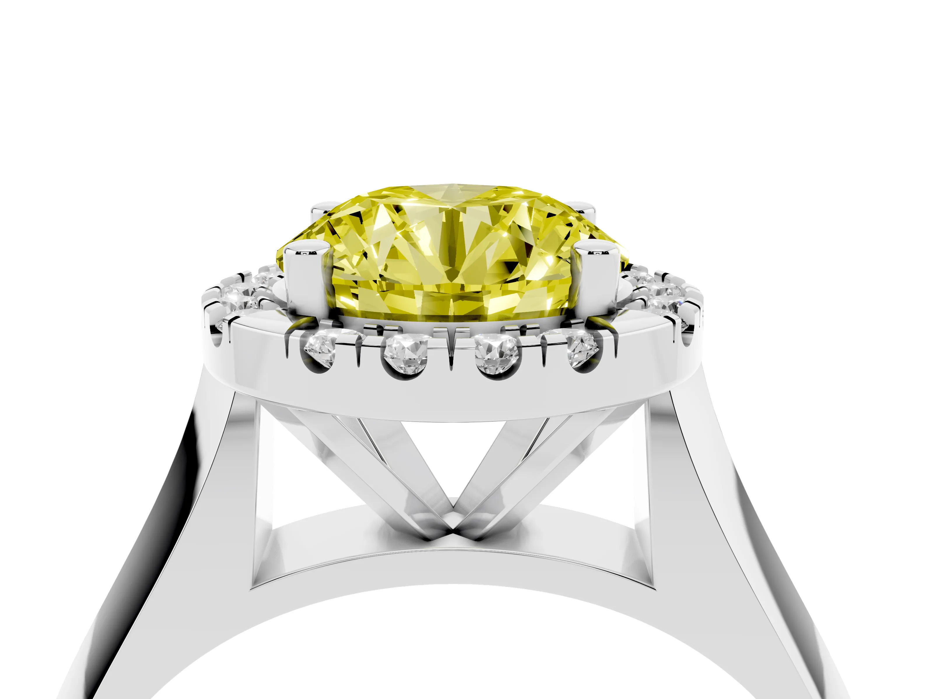 Fancy Yellow Round Cut Diamond Halo Solitaire Engagement Ring Set in Platinum with Square Band and Prong Setting