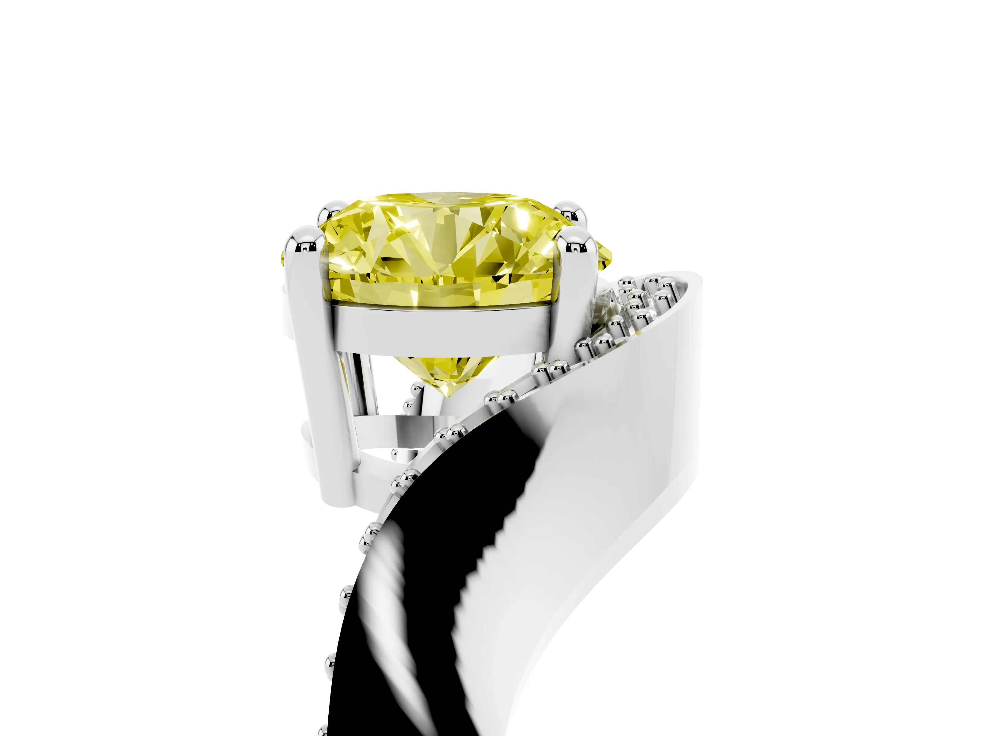 Fancy Yellow Round Cut Diamond Solitaire Engagement Ring Set in White gold with Pavé Shoulders