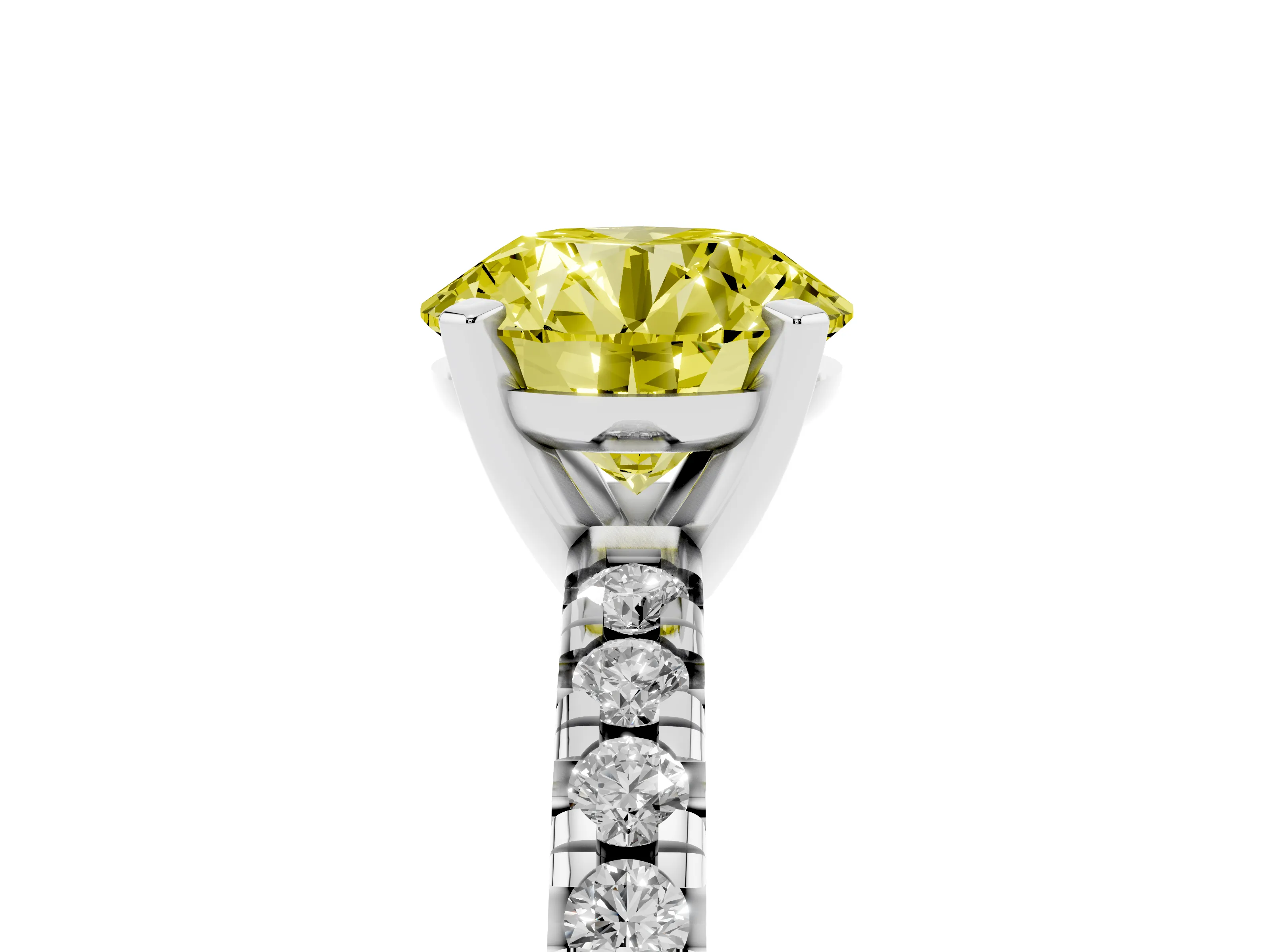 Fancy Yellow Round Cut Diamond Solitaire Pavé Engagement Ring Set in White gold with Round Band and Prong Setting