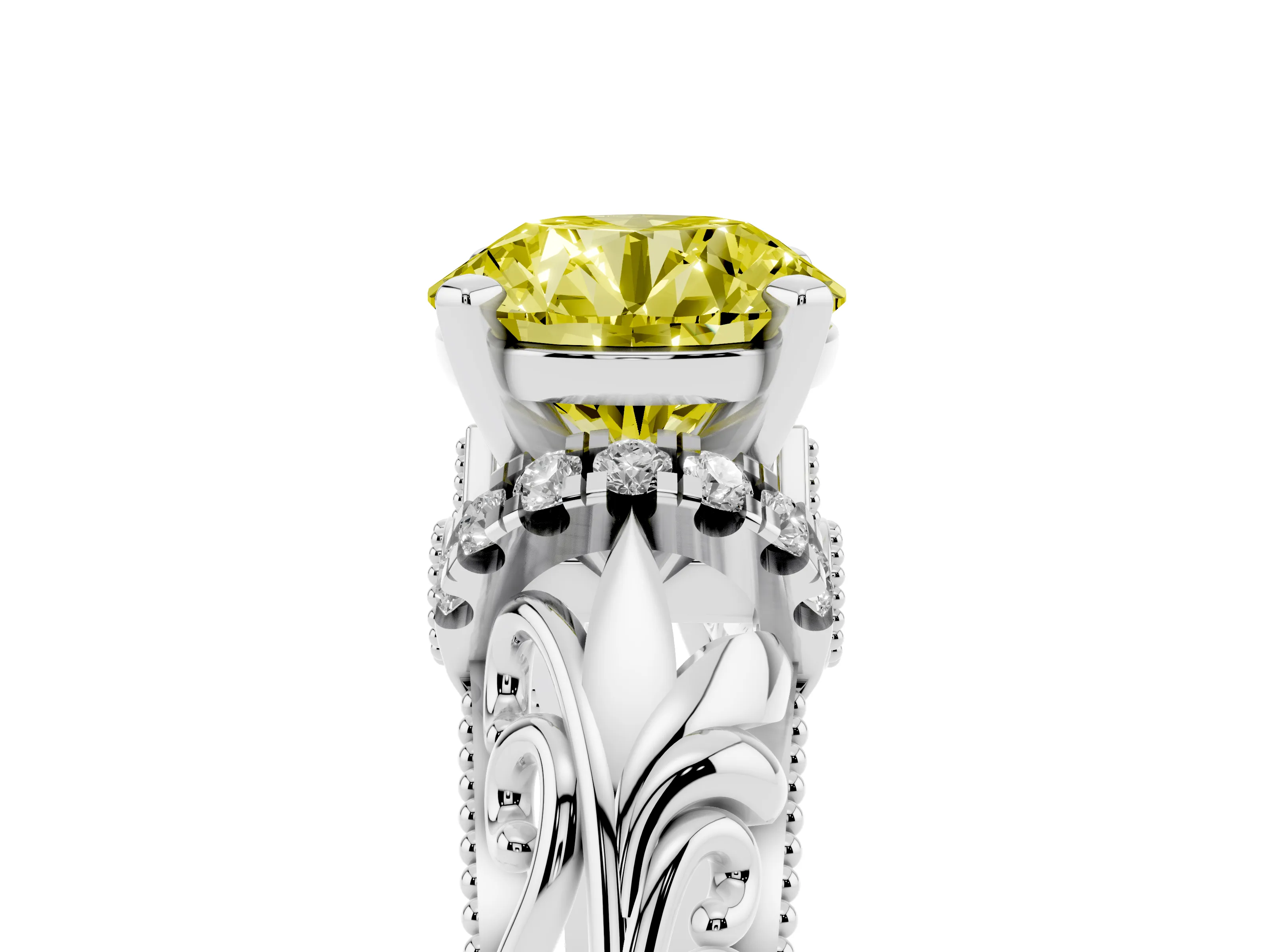Fancy Yellow Round Cut Diamond Filigree Halo Engagement Ring Set in Platinum with Prong Setting