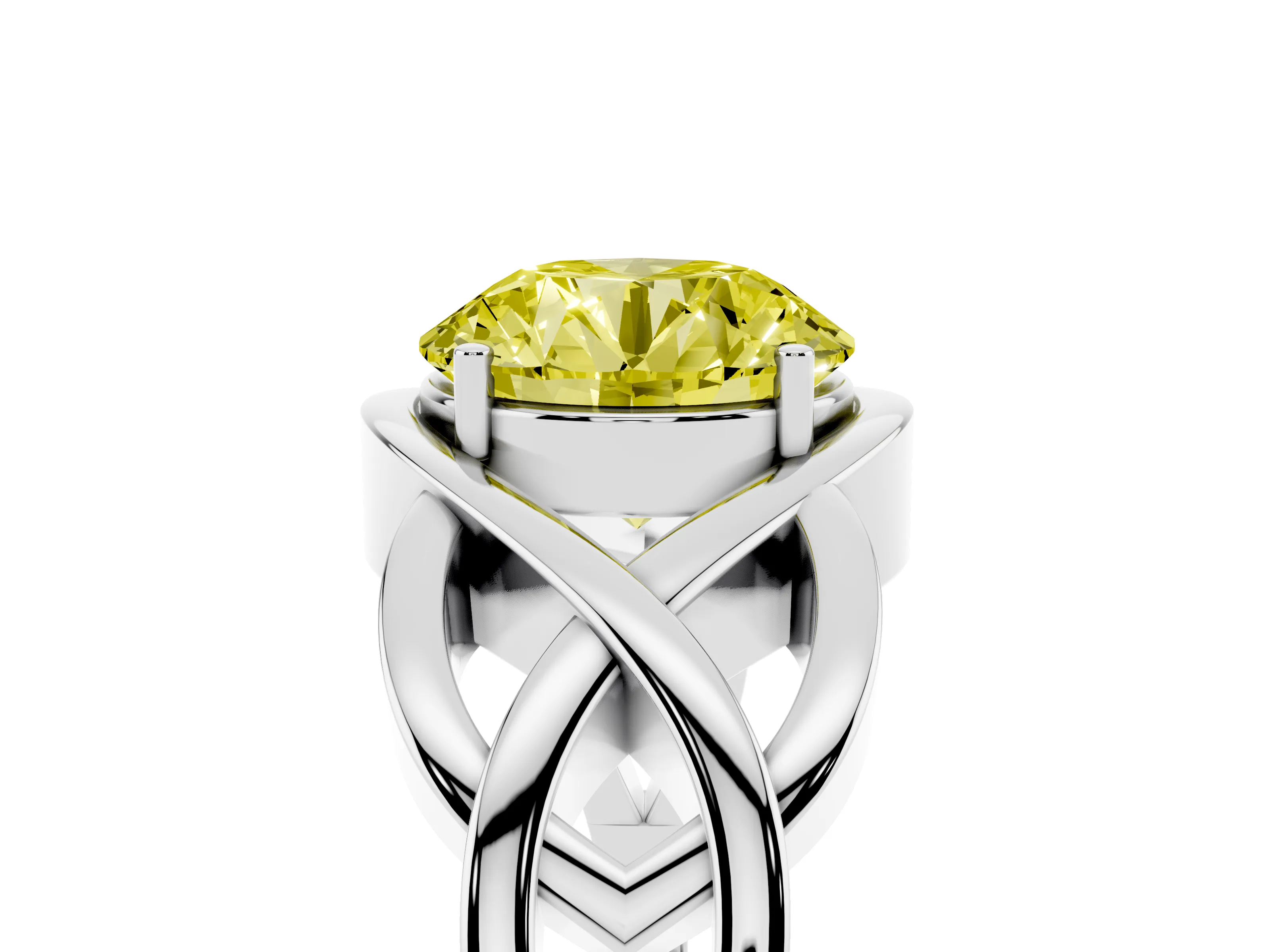 Fancy Yellow Round Cut Diamond Solitaire Ring Set in Platinum with Intertwined Band