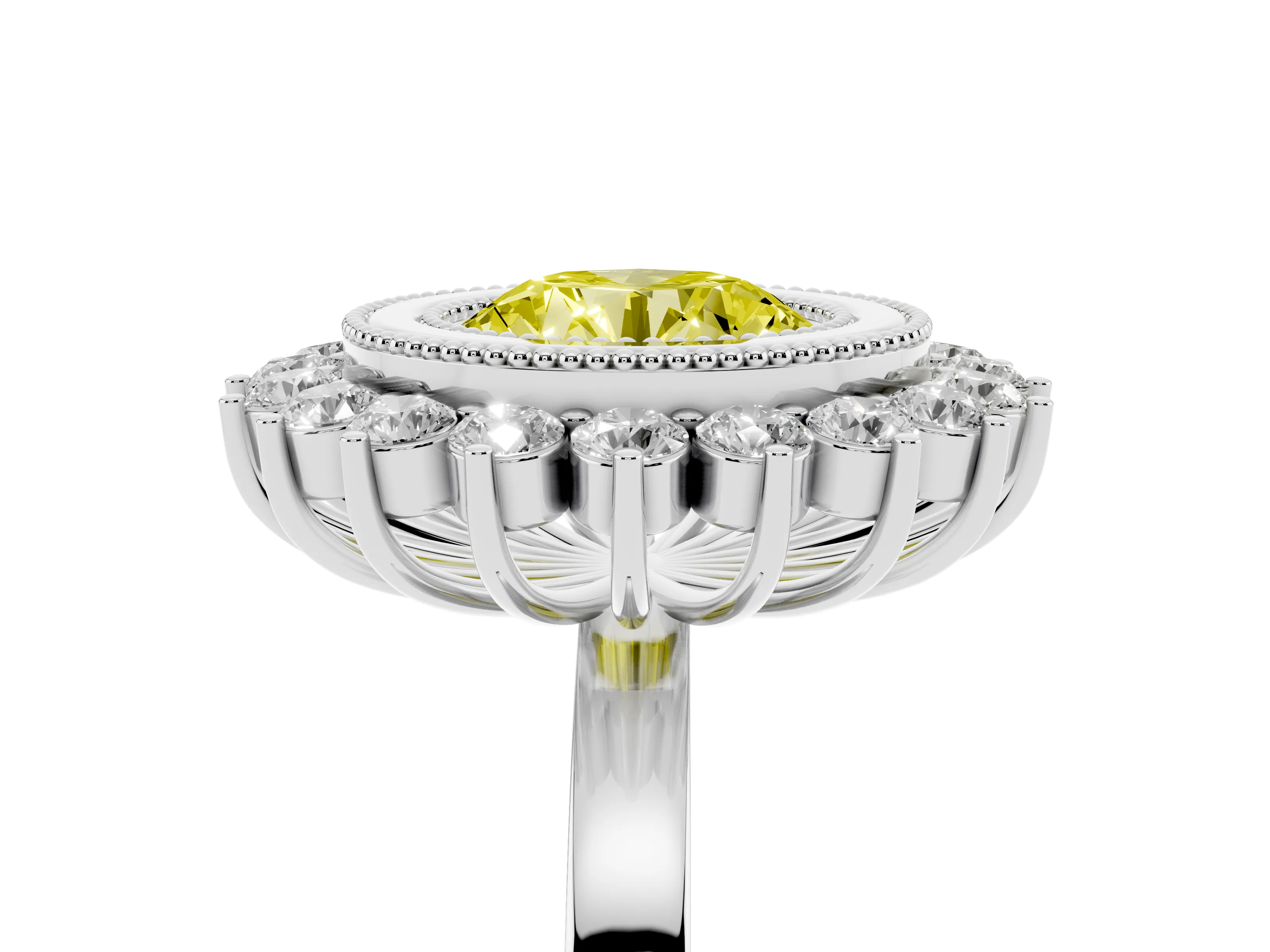 Fancy Yellow Round Cut Diamond Halo Ring Set in Silver with Milgrain Edge and Round Prong Setting