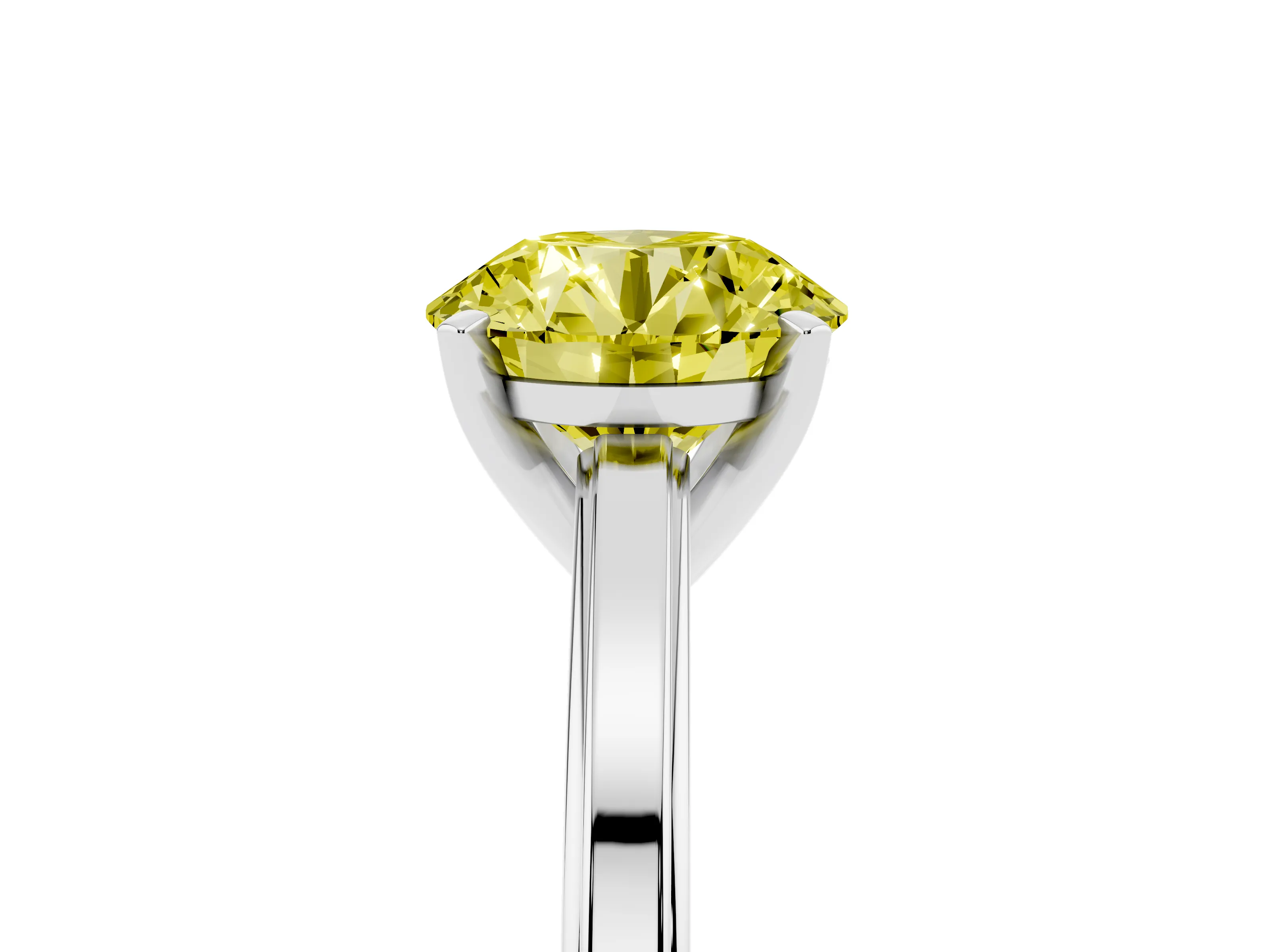 Fancy Yellow Round Cut Diamond Solitaire Ring Set in Platinum with Prong Setting and Classic Band