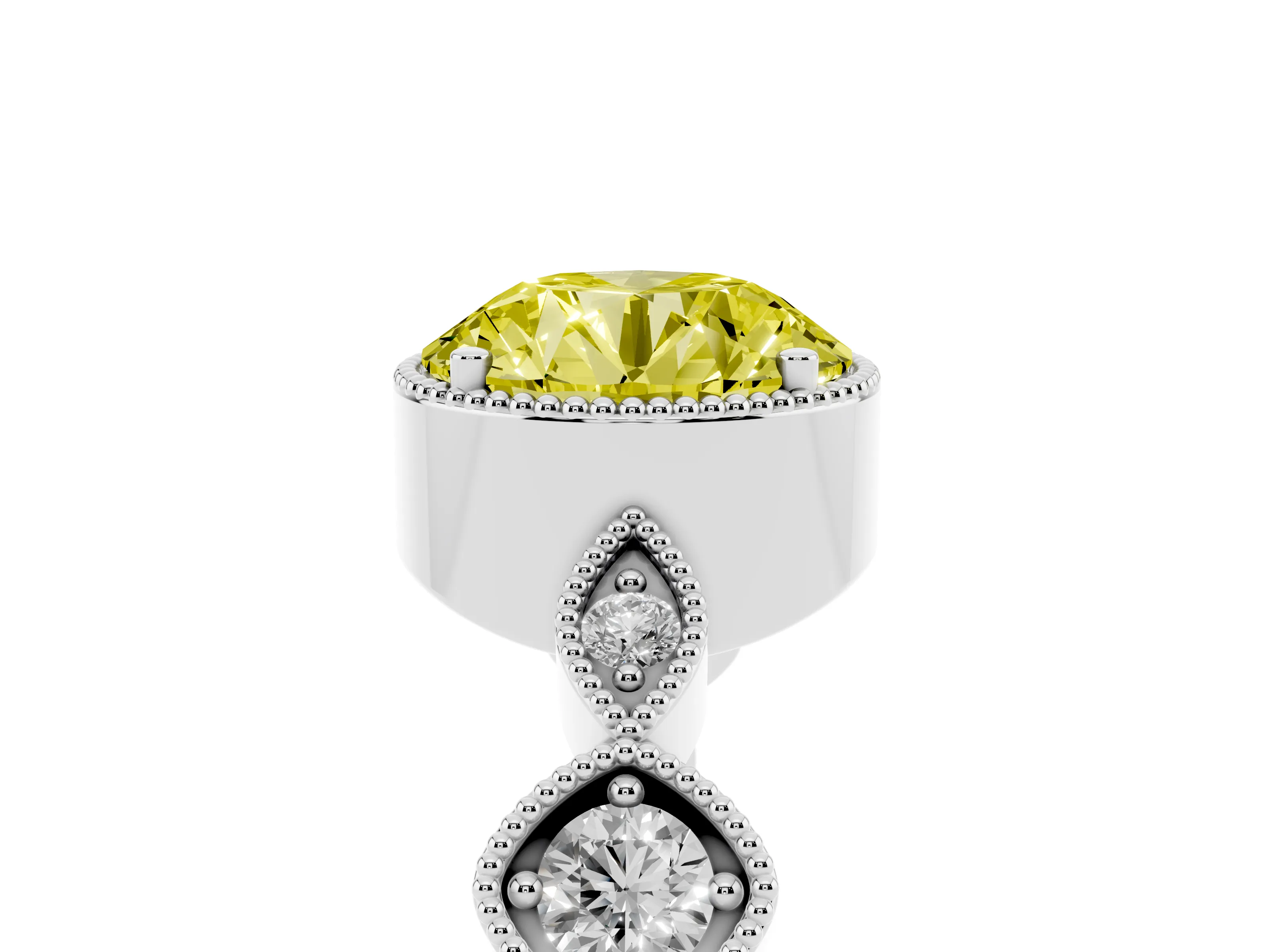 Fancy Yellow Round Cut Diamond Vintage-Inspired Milgrain Ring Set in Platinum with Marquise Stations of Round Accents