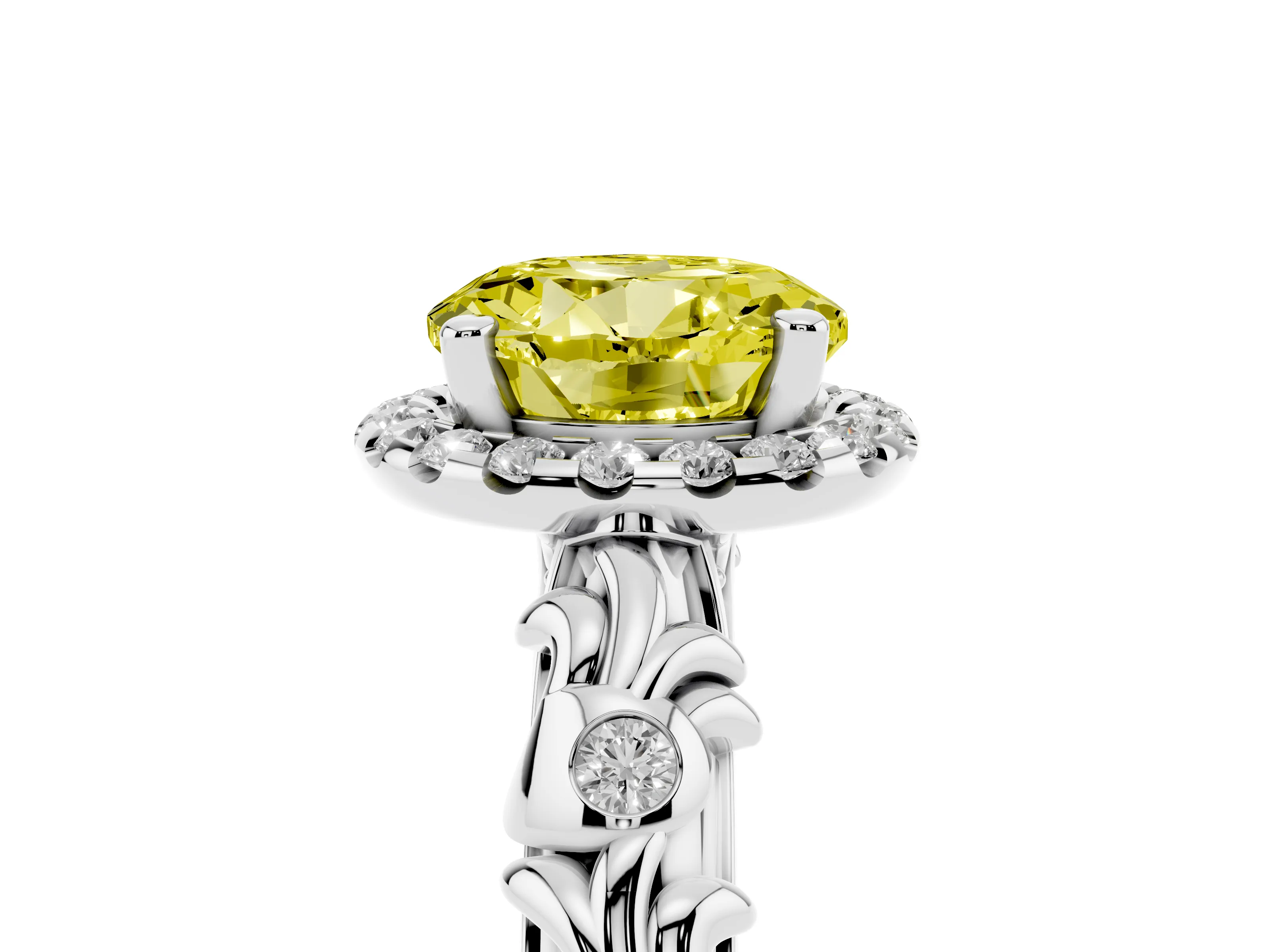 Fancy Yellow Round Cut Diamond Halo Ring Set in Platinum with Filigree Leaf Band and Prong Setting