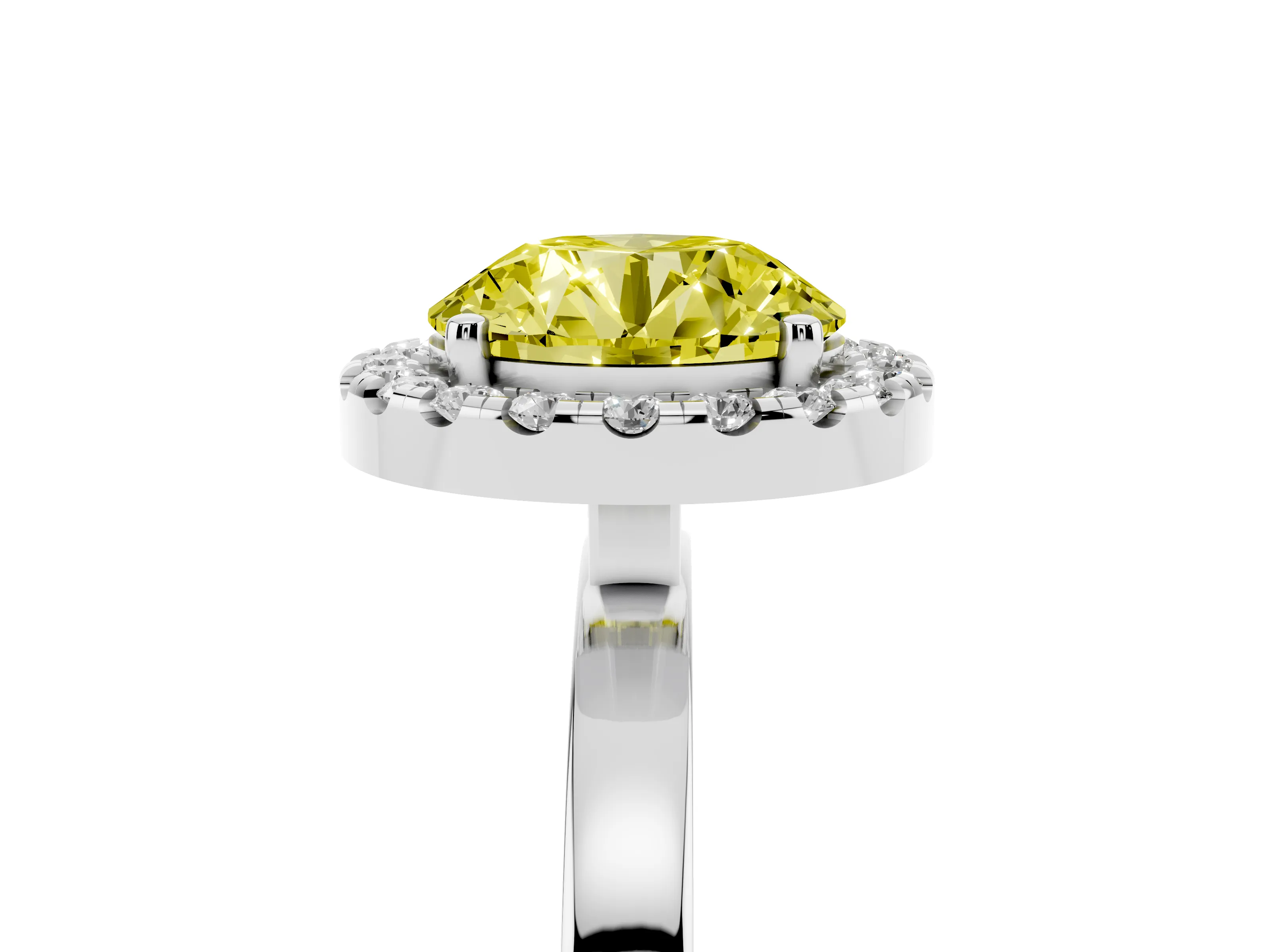 Fancy Yellow Round Cut Diamond Halo Solitaire Ring Set in White gold with Pavé Band and Prong Setting