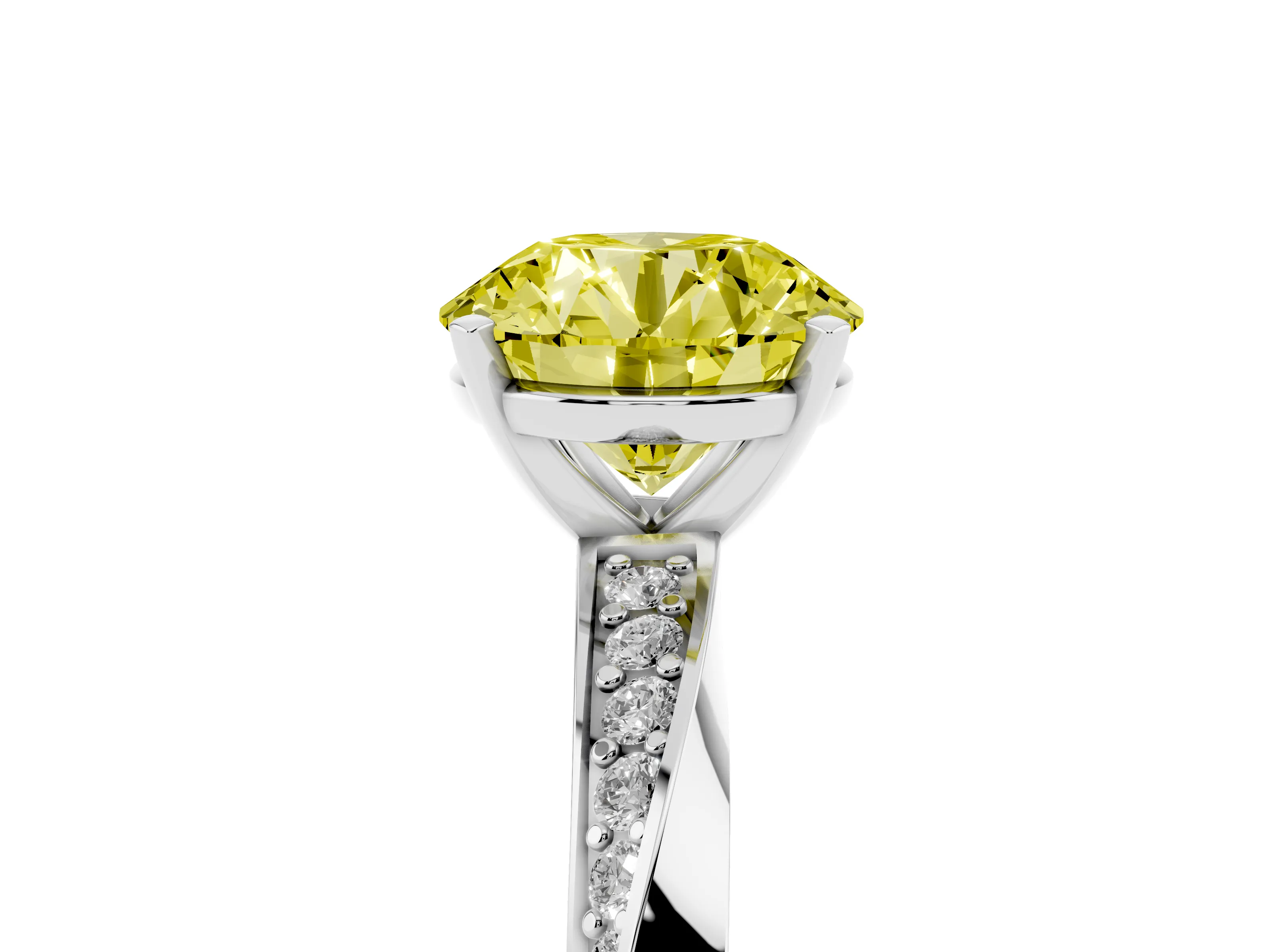 Fancy Yellow Round Cut Diamond Engagement Ring Set in Silver with Side Stone Accents and Prong Setting