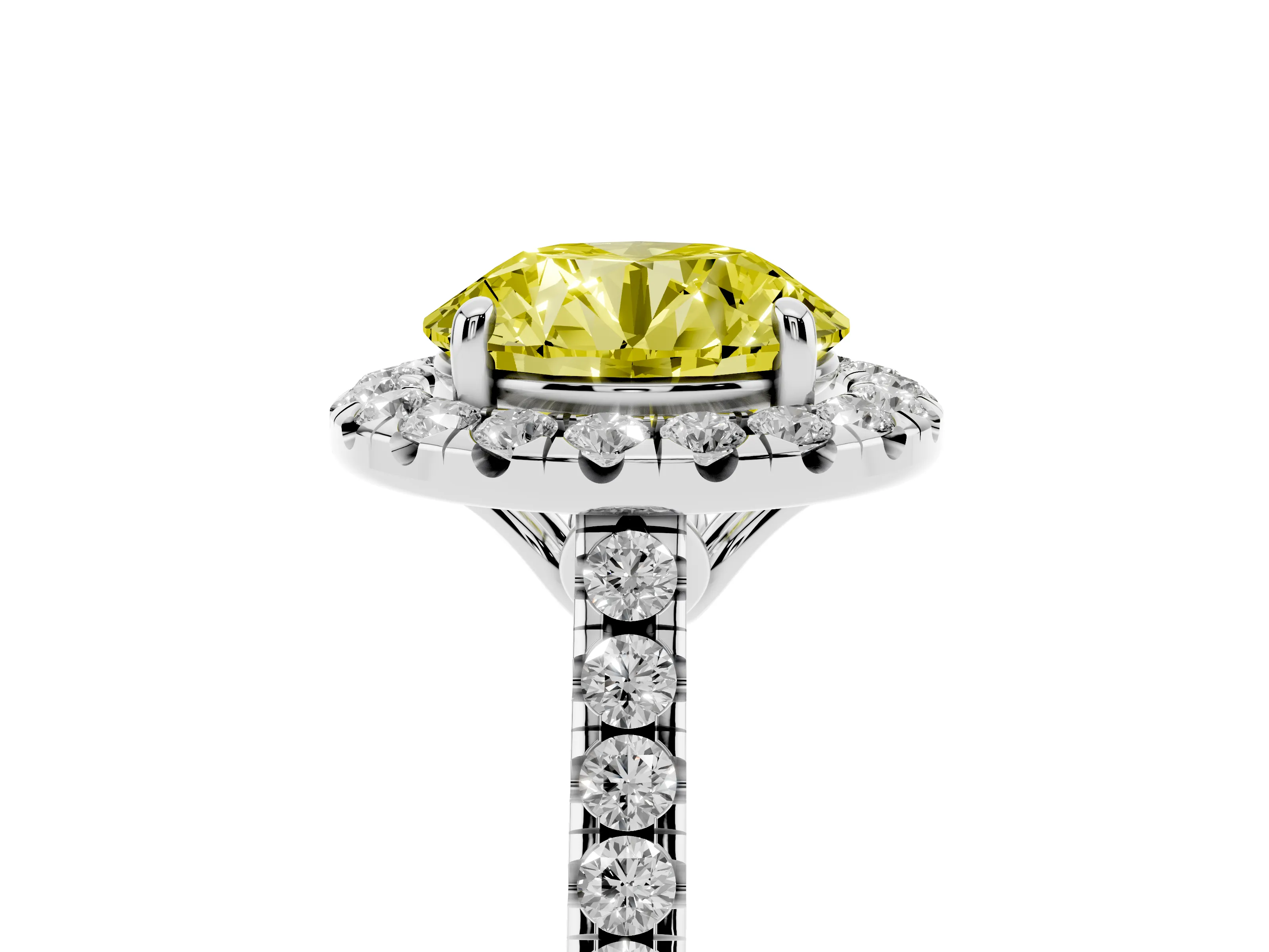 Fancy Yellow Round Cut Diamond Pavé Halo Engagement Ring Set in Platinum with Pavé Band and Prong Setting