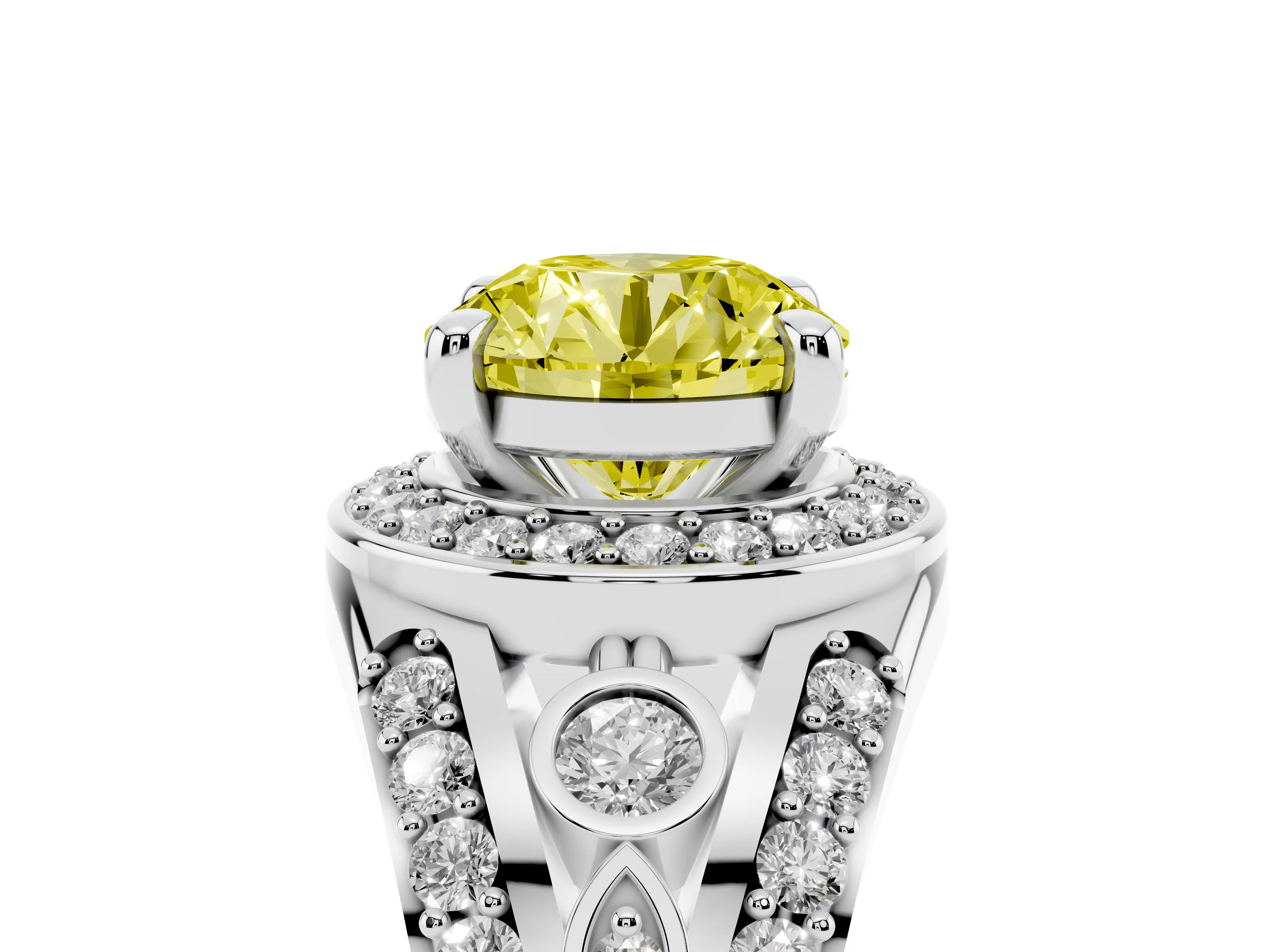 Fancy Yellow Round Cut Diamond Halo Ring Set in Silver with Pavé Split Shank and Bezel Accents