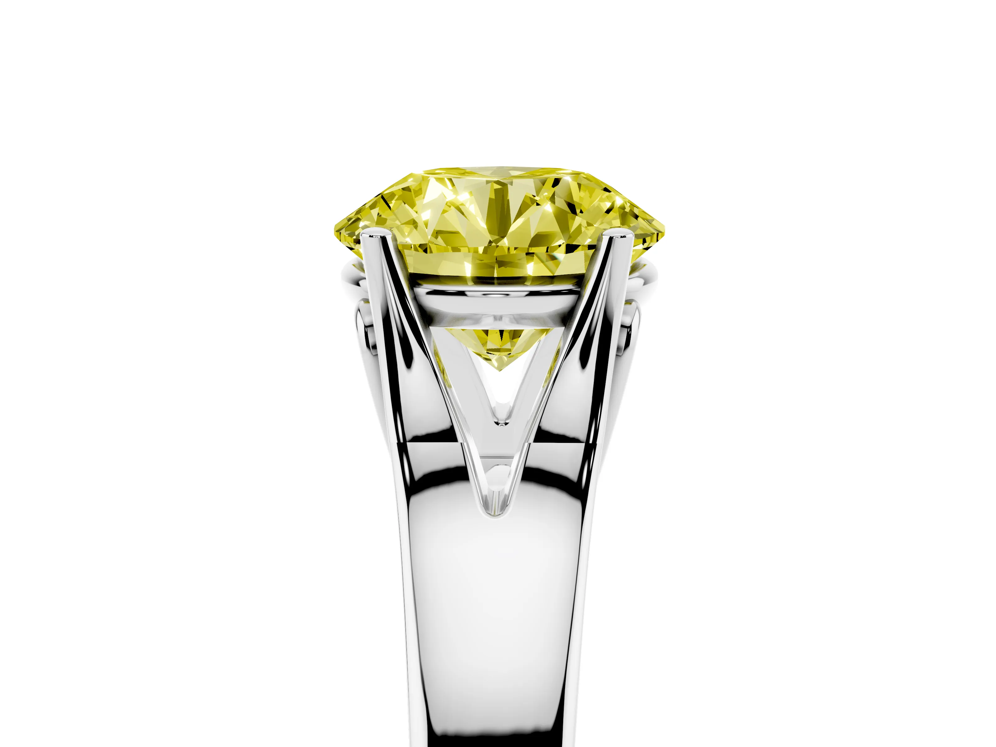 Fancy Yellow Round Cut Diamond Solitaire Ring Set in White gold with Arched Cathedral Band and Prong Setting