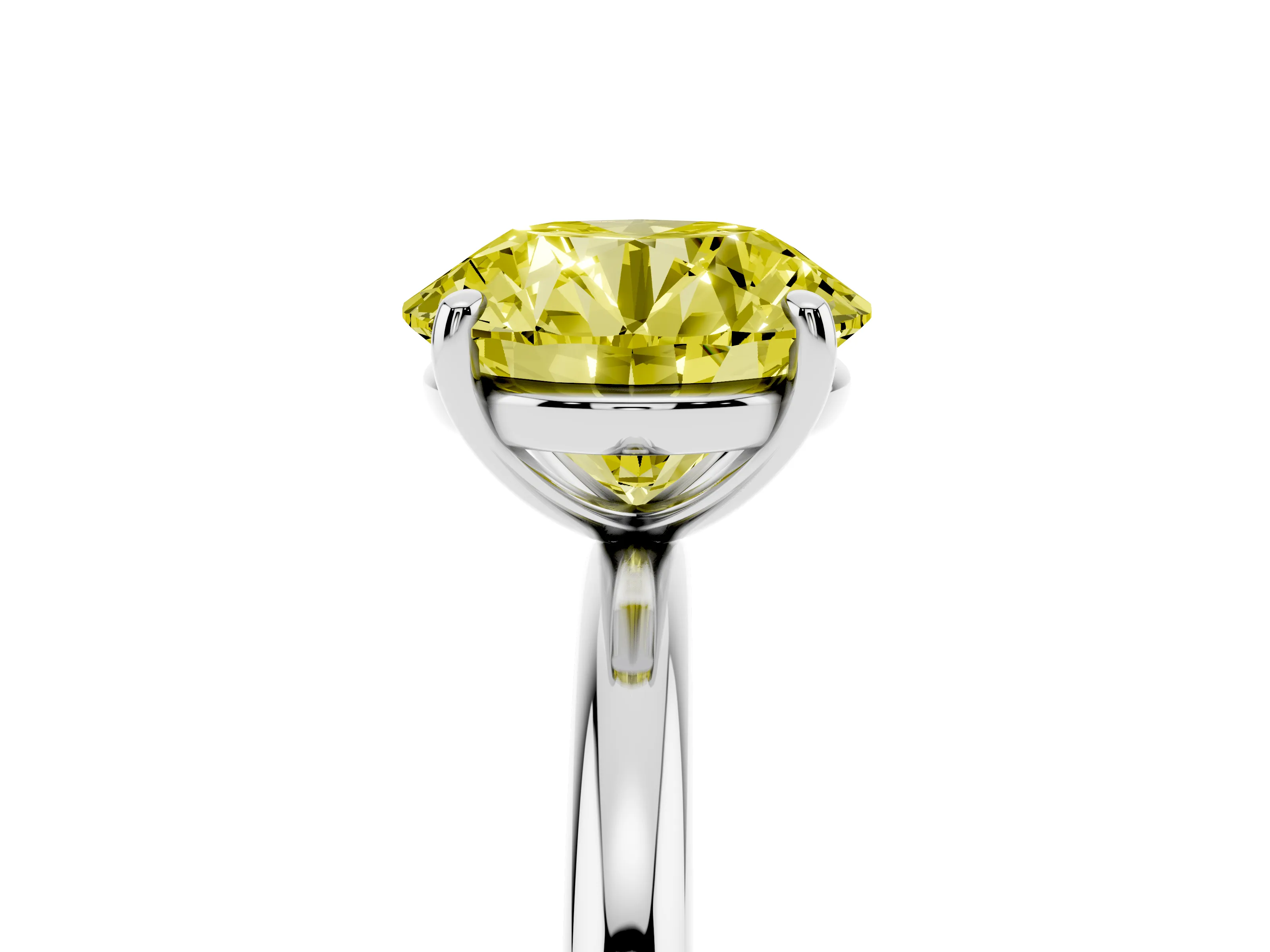 Fancy Yellow Round Cut Diamond Solitaire Ring Set in Platinum with Prong Setting on a Polished Plain Band