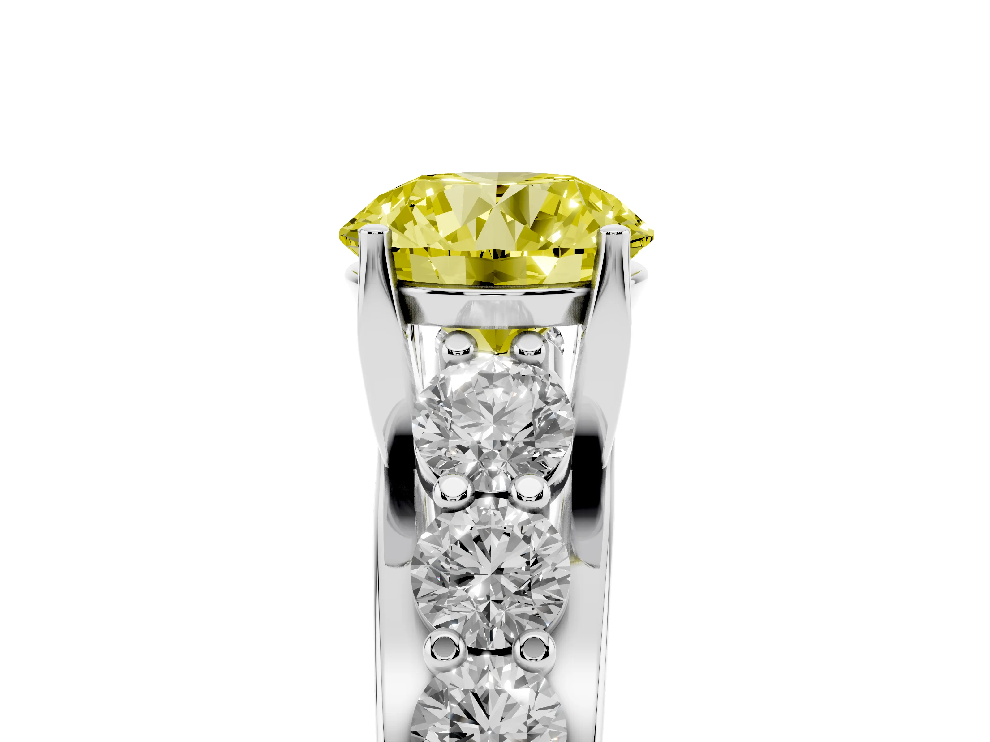 Fancy Yellow Round Cut Diamond Pavé Engagement Ring Set in Silver with Prong Setting