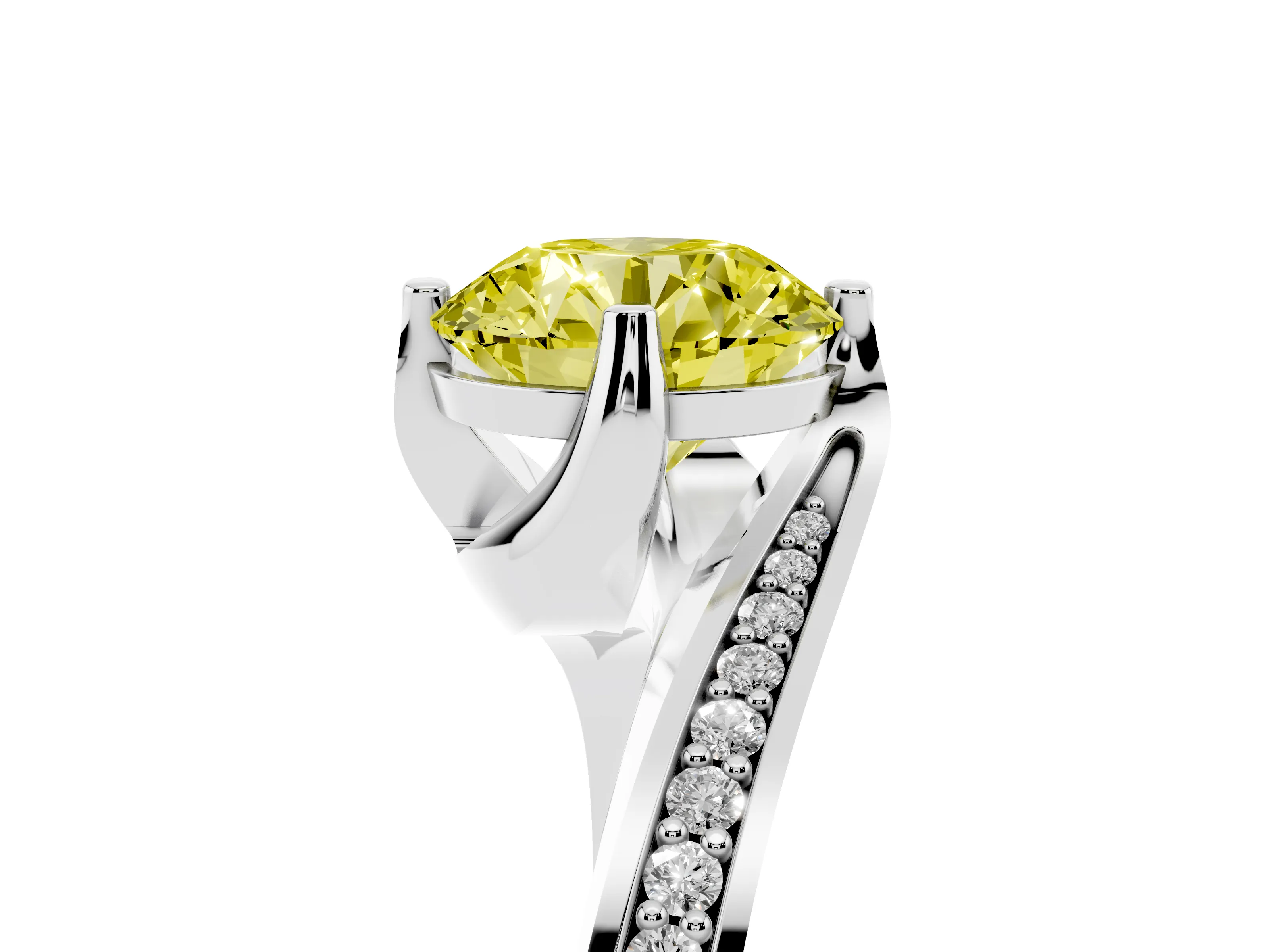 Fancy Yellow Round Cut Diamond Solitaire Ring Set in Silver with Intertwined Pavé Twist Band