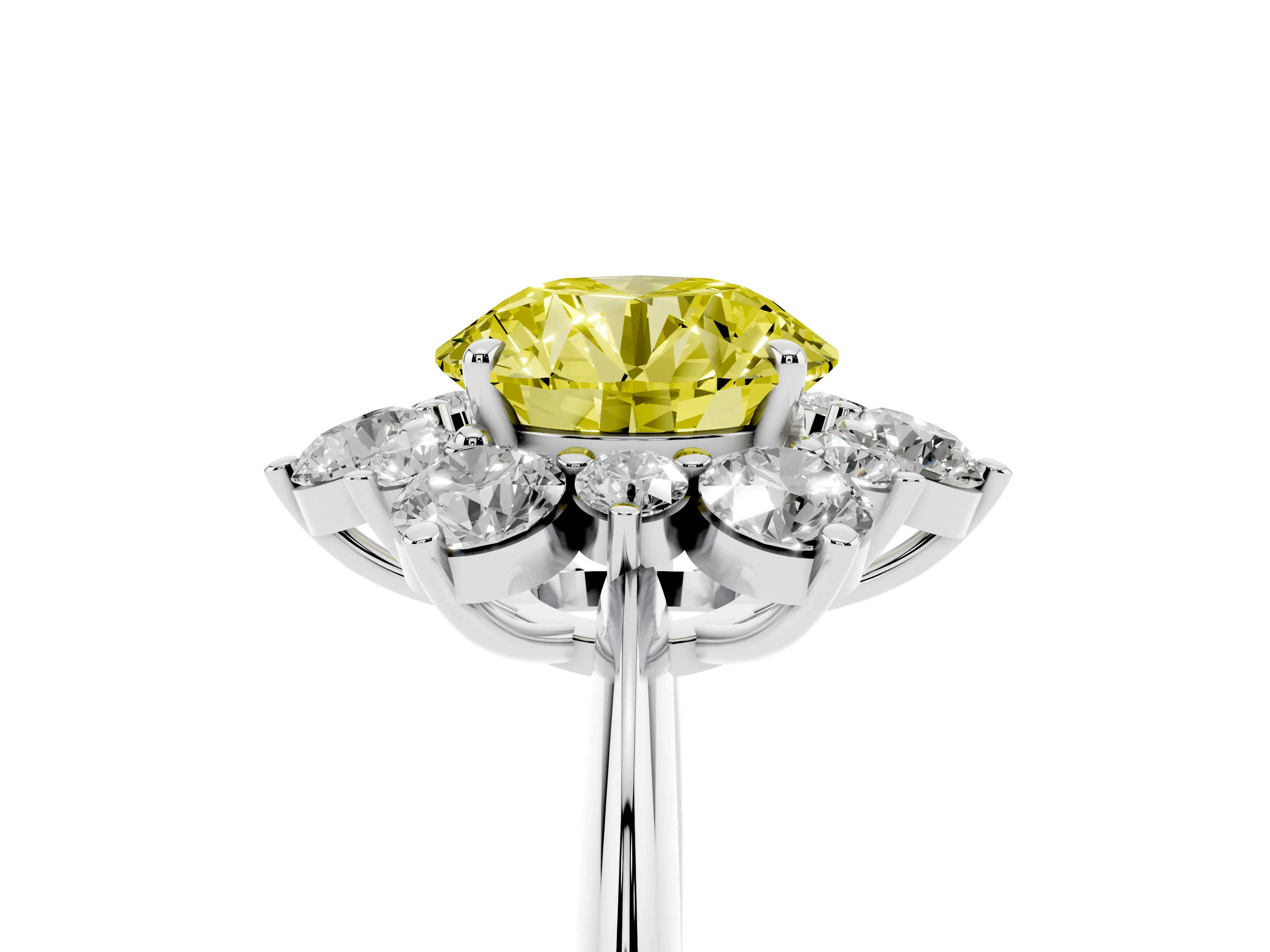 Fancy Yellow Round Cut Diamond Cluster Halo Ring Set in Silver with Solitaire Band and Prong Setting