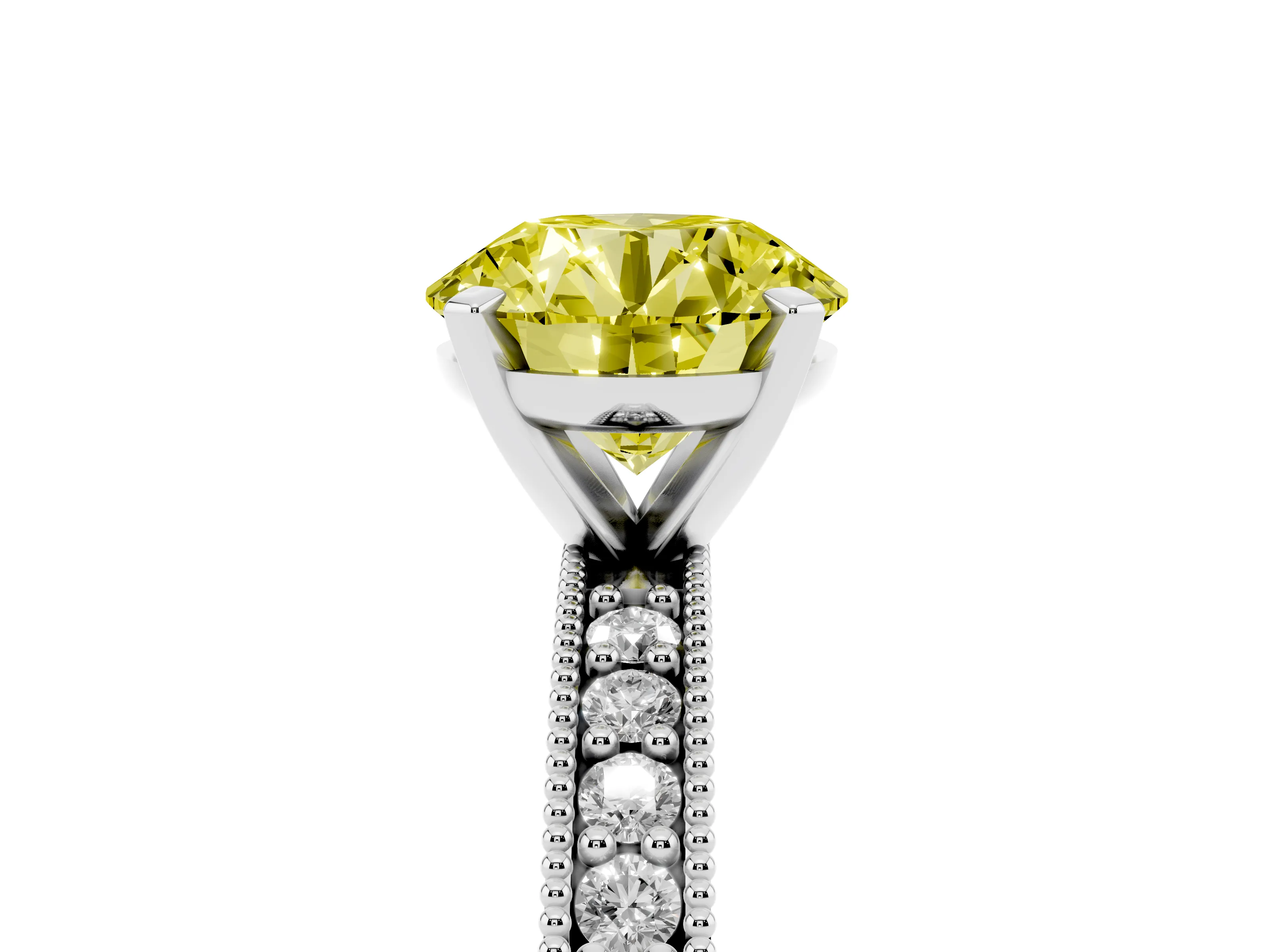 Fancy Yellow Round Cut Diamond Milgrain Pavé Engagement Ring Set in Platinum with Prong Setting