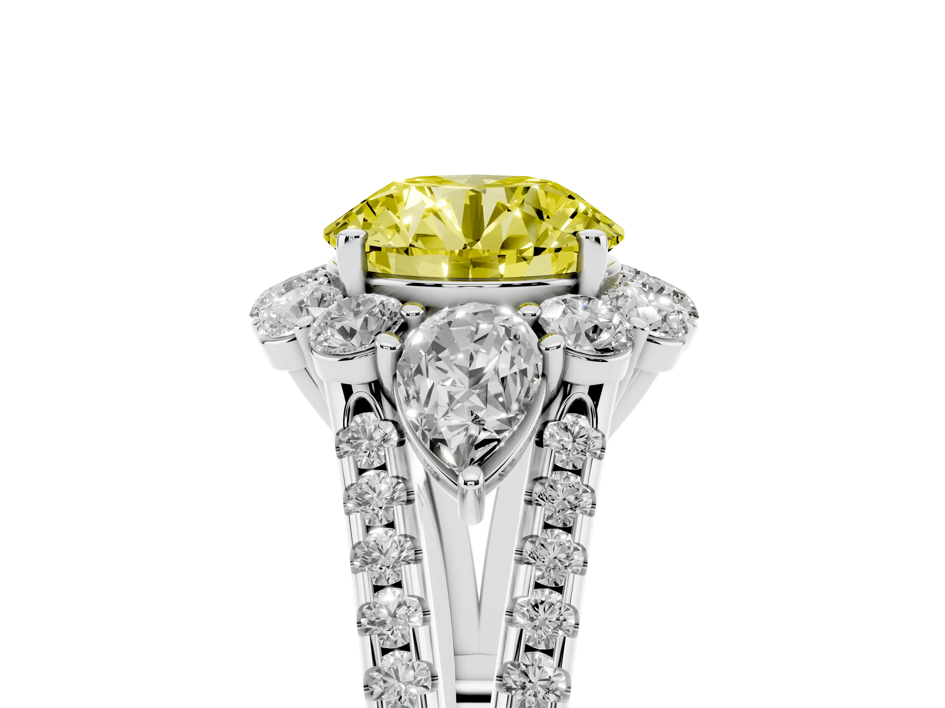 Fancy Yellow Round Cut Diamond Halo Split Shank Engagement Ring Set in White gold with Prong-Held Center Stone