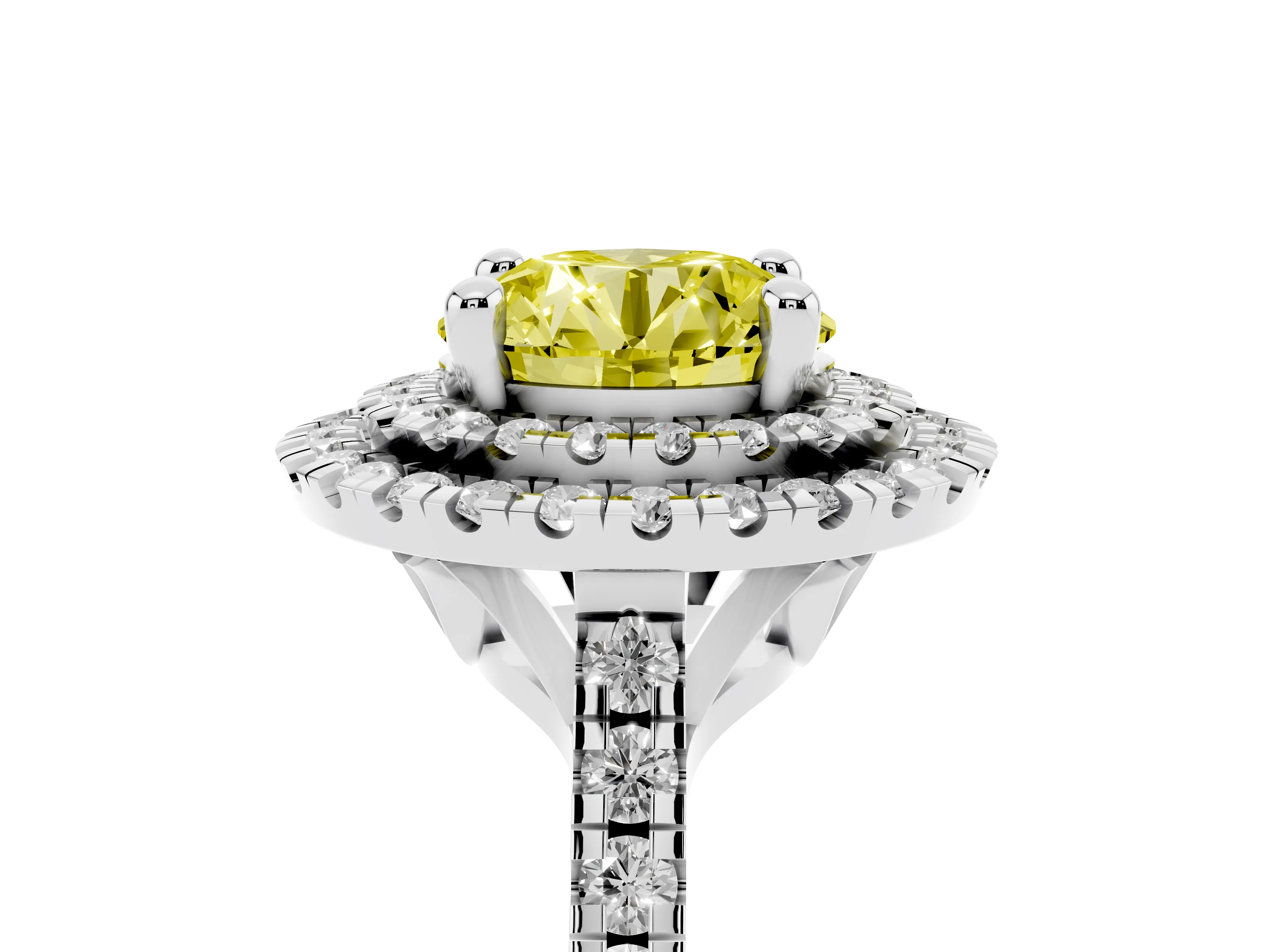 Fancy Yellow Round Cut Diamond Double Halo Statement Ring Set in Silver with Pavé Band